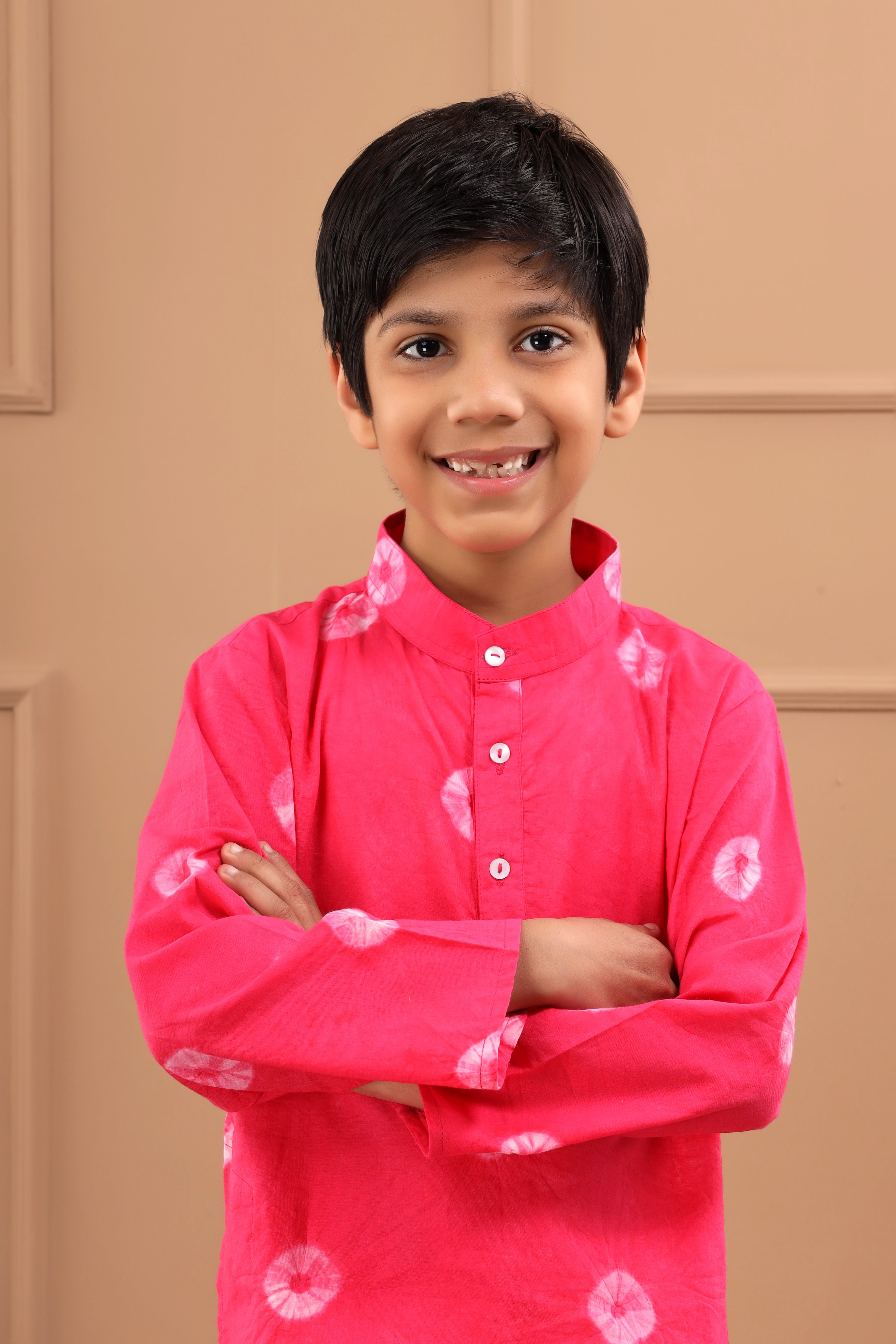 Boy's Pink Bandhani Cotton Sustainable Kurta - Hatheli Kids
