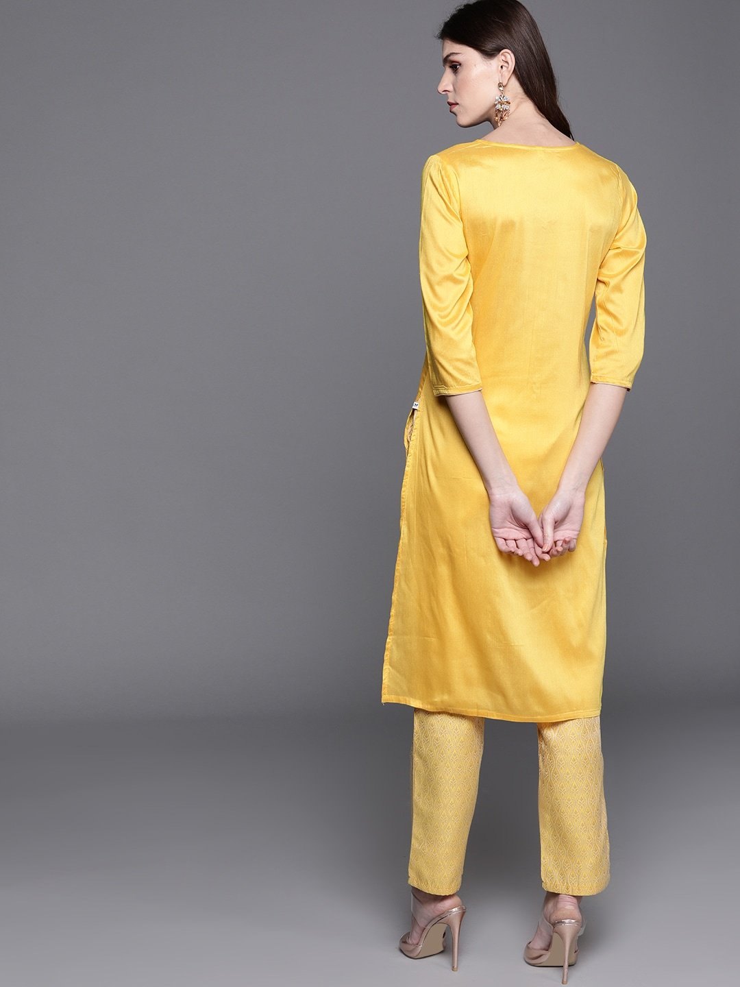Women's  Mustard Yellow & Golden Solid Kurta with Trousers - AKS