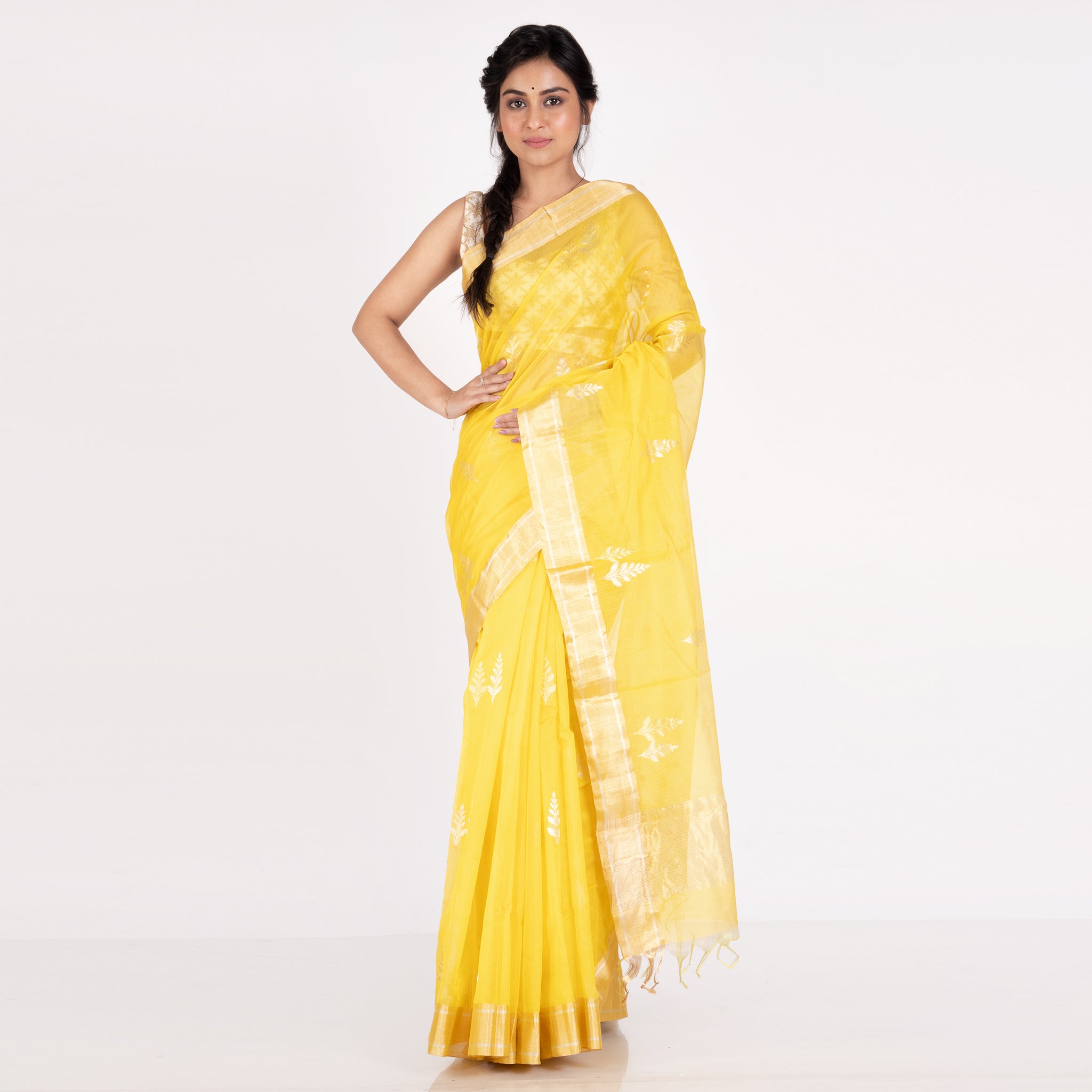 Women's Fresh Yellow Pure Chanderi Silk Saree With Woven Leaf Motifs And  Zari Border - Boveee
