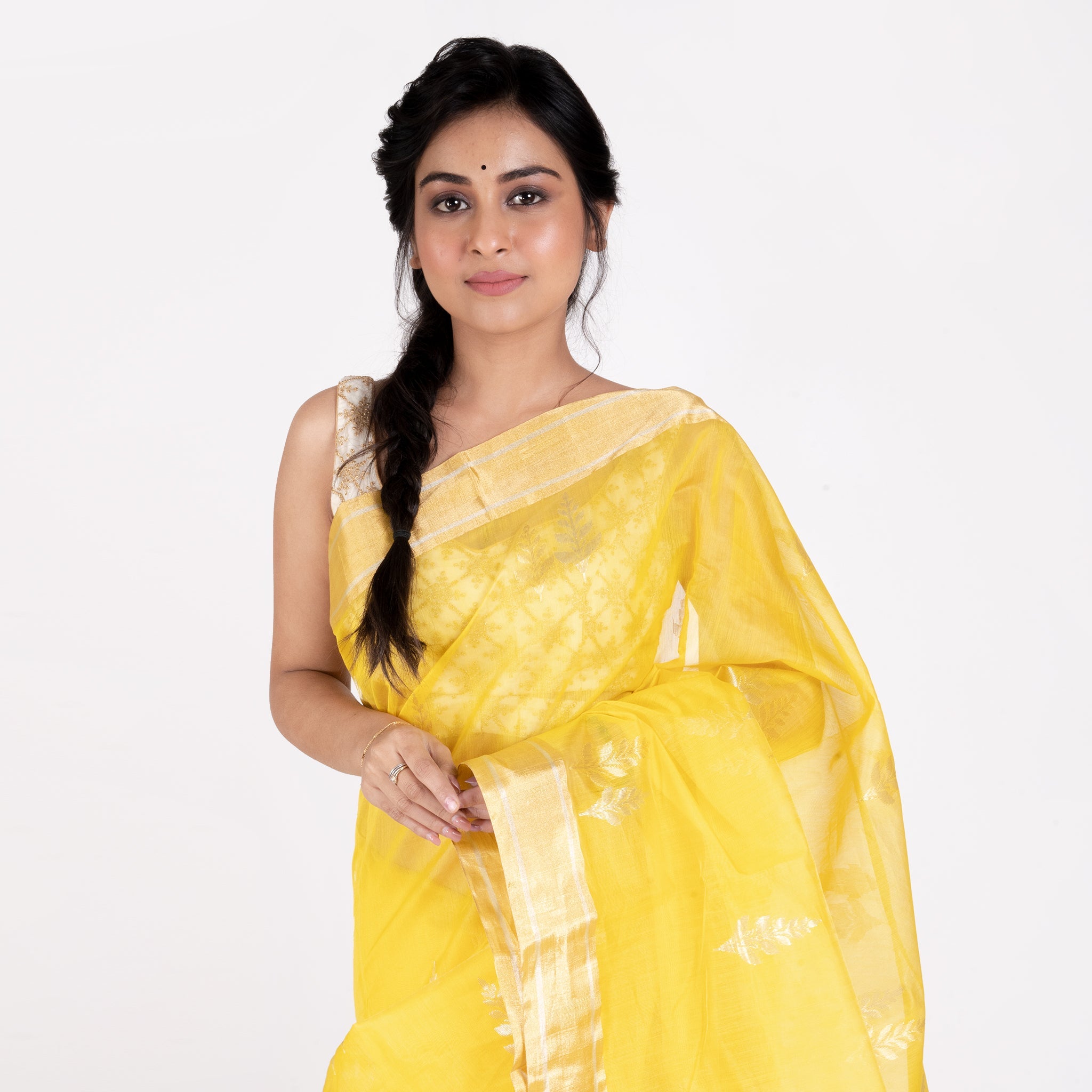 Women's Fresh Yellow Pure Chanderi Silk Saree With Woven Leaf Motifs And  Zari Border - Boveee