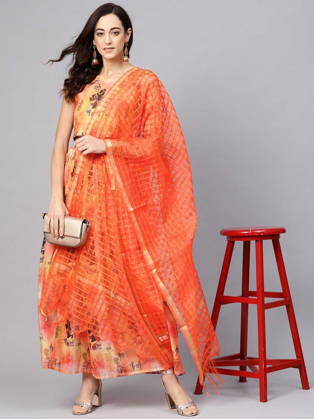 Women's Orange Printed Top with Skirt & Dupatta - Meeranshi