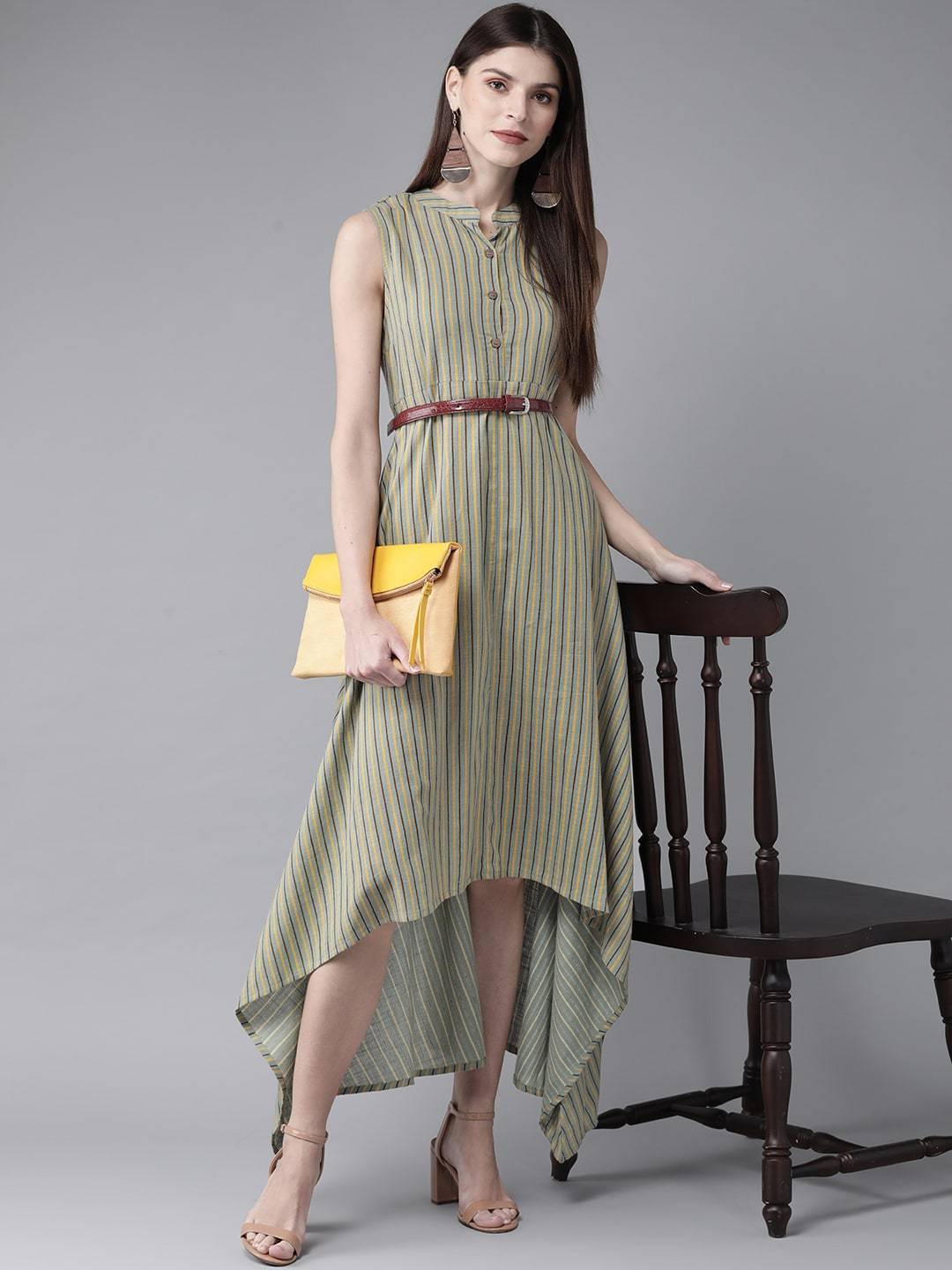 Women's  Green & Yellow Striped Maxi Dress - AKS
