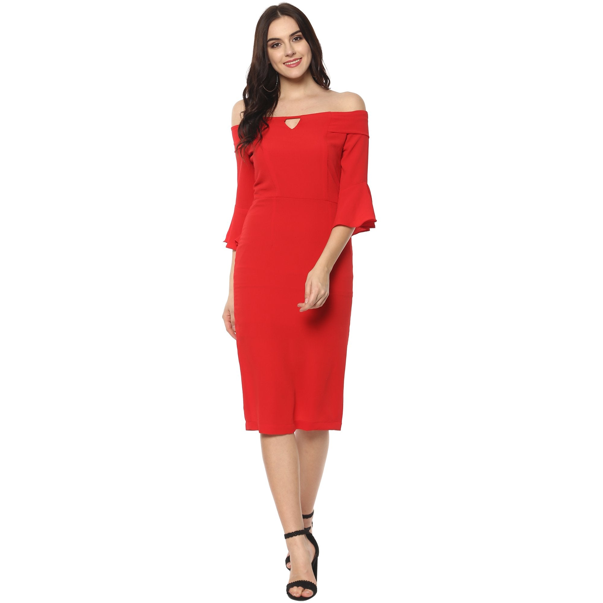 Women's Off-Shoulder Midi Fitted Dress - Pannkh