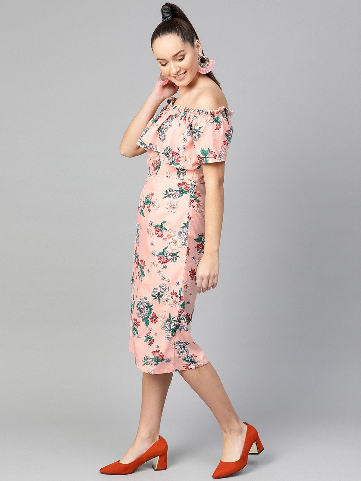 Women's Floral Off-Shoulder Midi Dress - Pannkh