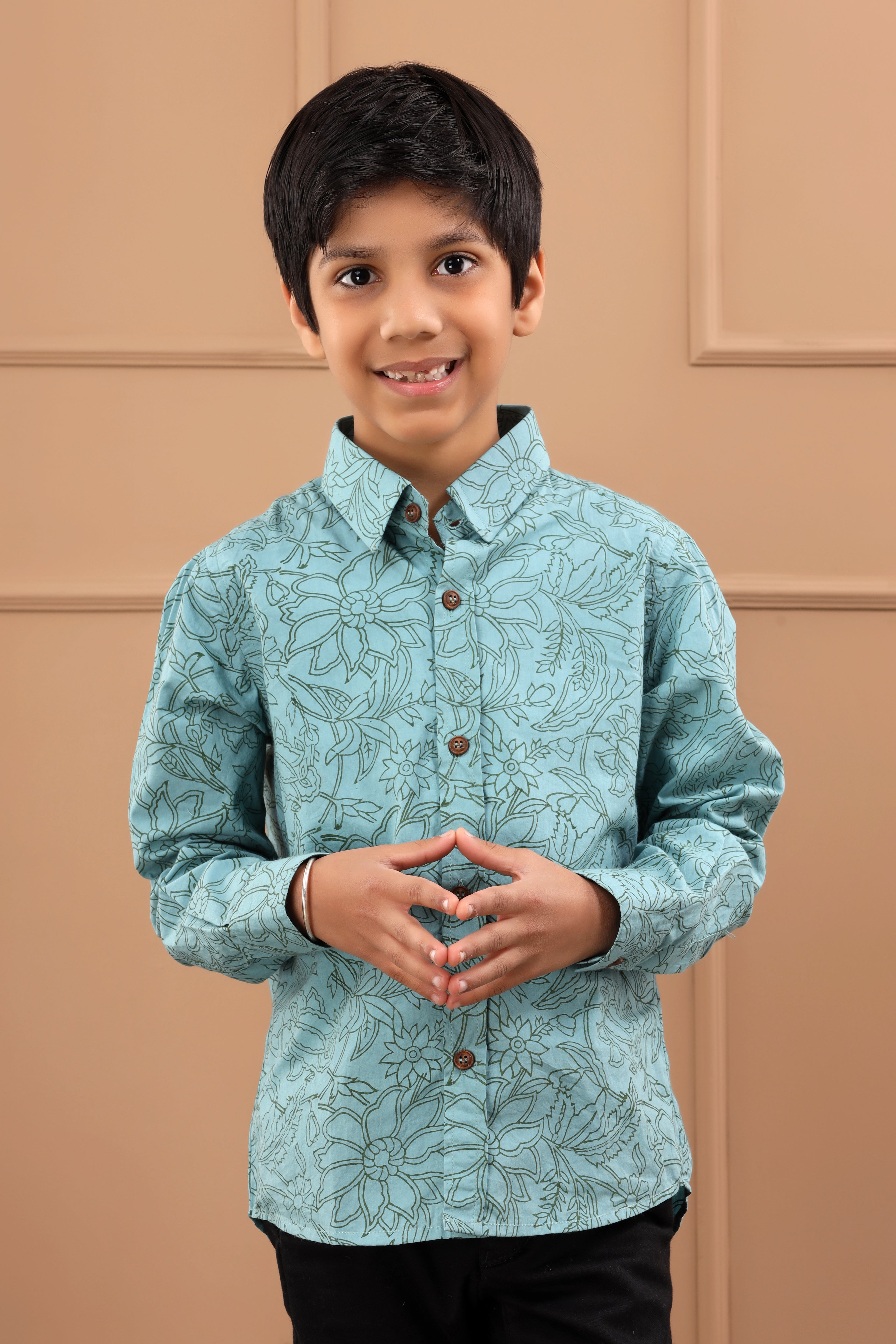 Boy's Hand Block Cotton Blue Sustainable Shirt - Hatheli Kids