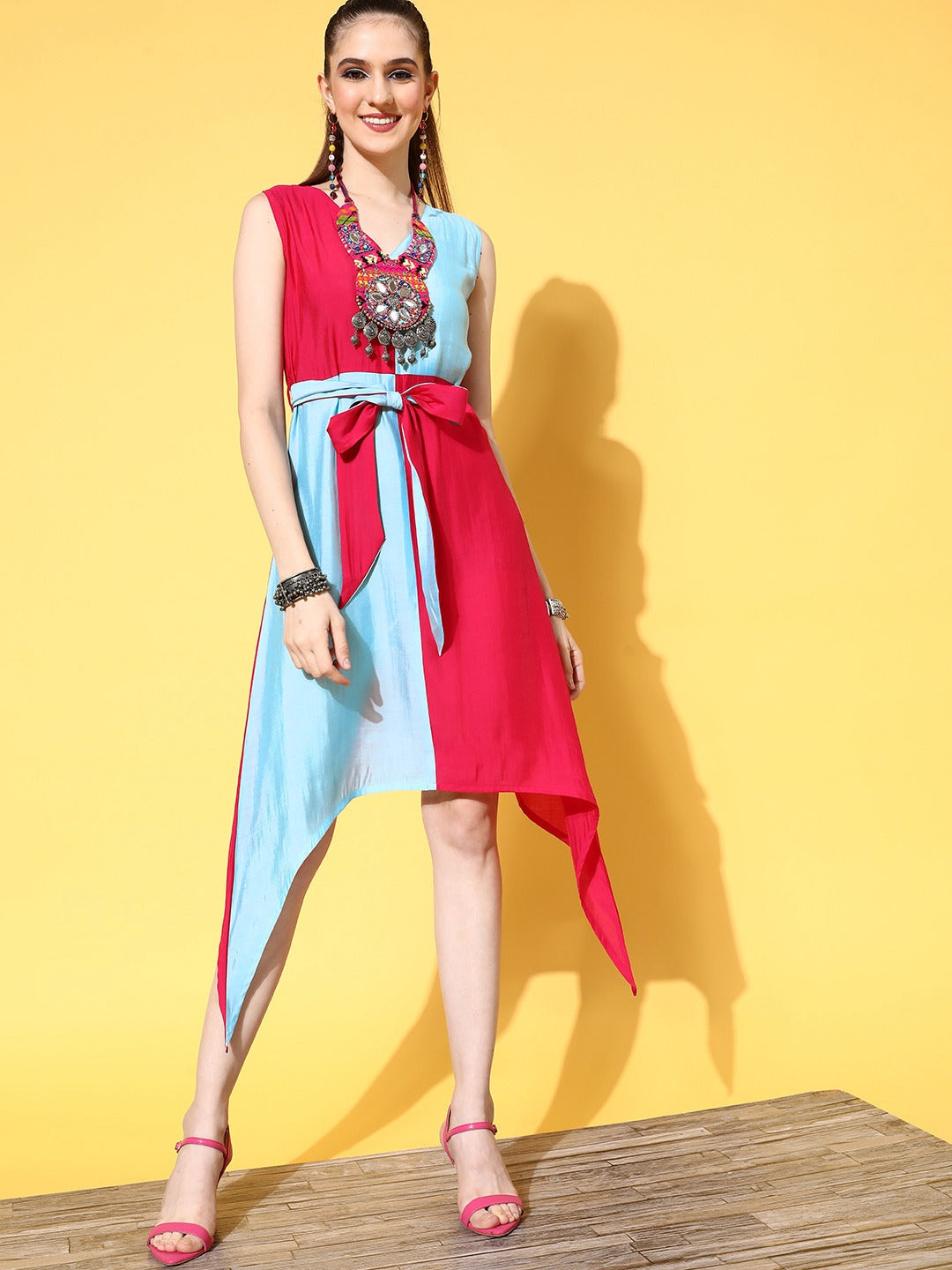Women's Pink And Blue Colorblock Fit And Flare Dress Pink / XS | Trendia Global Women's Pink And Blue Colorblock Fit And Flare Dress Pink / XS | Trendia Global
