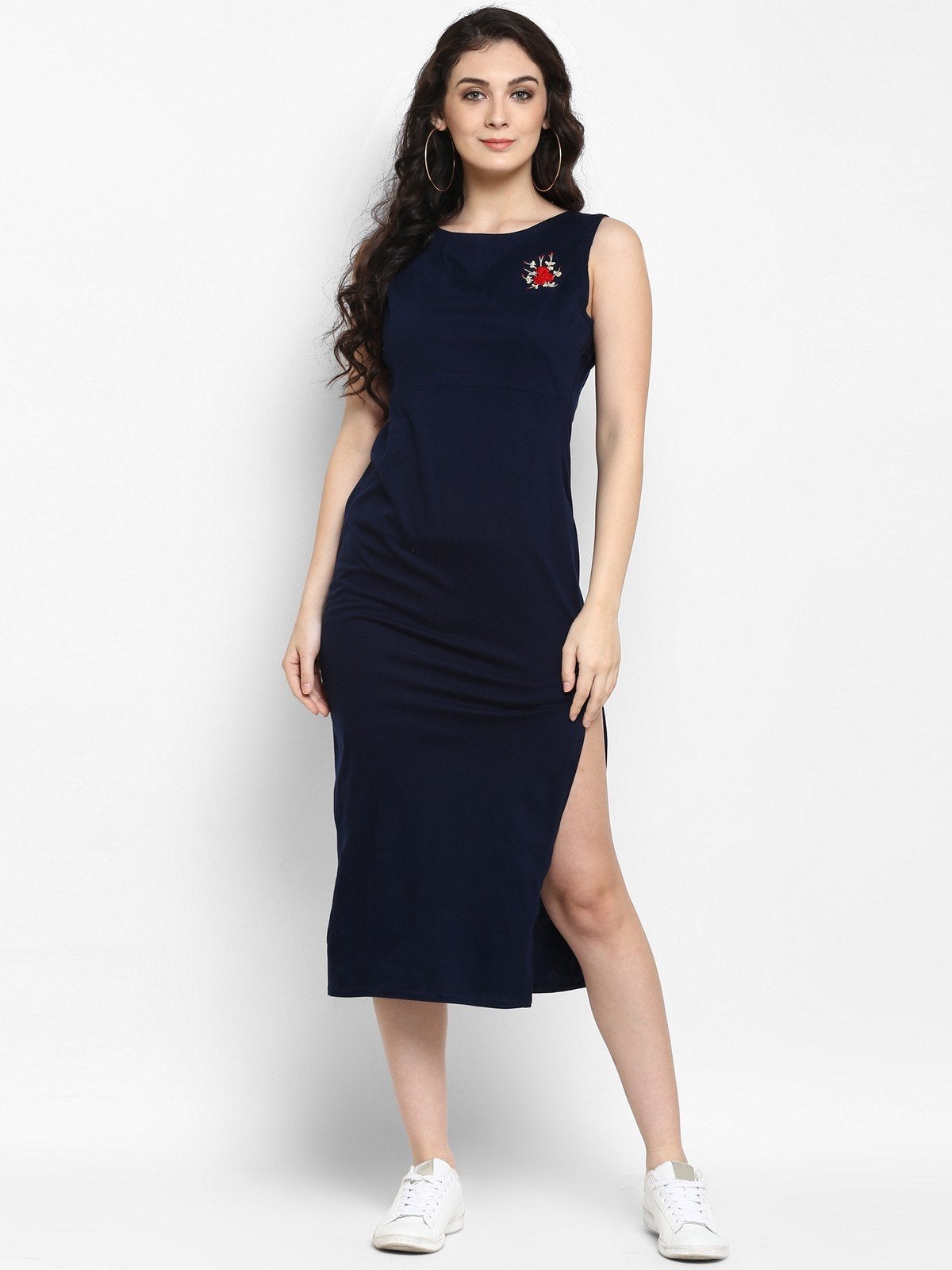 Women's Navy Embroidered Knitted Dress - Pannkh