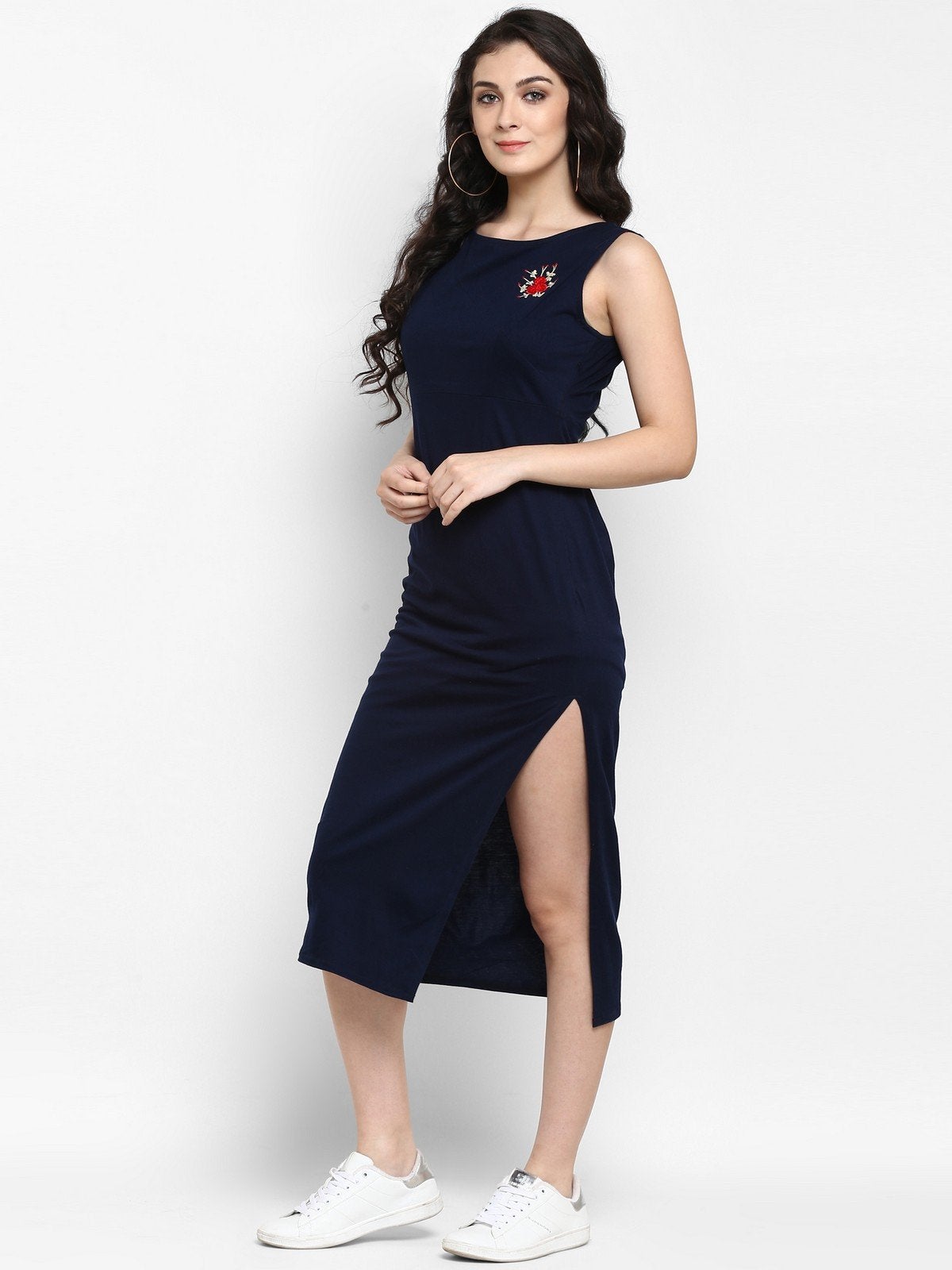 Women's Navy Embroidered Knitted Dress - Pannkh