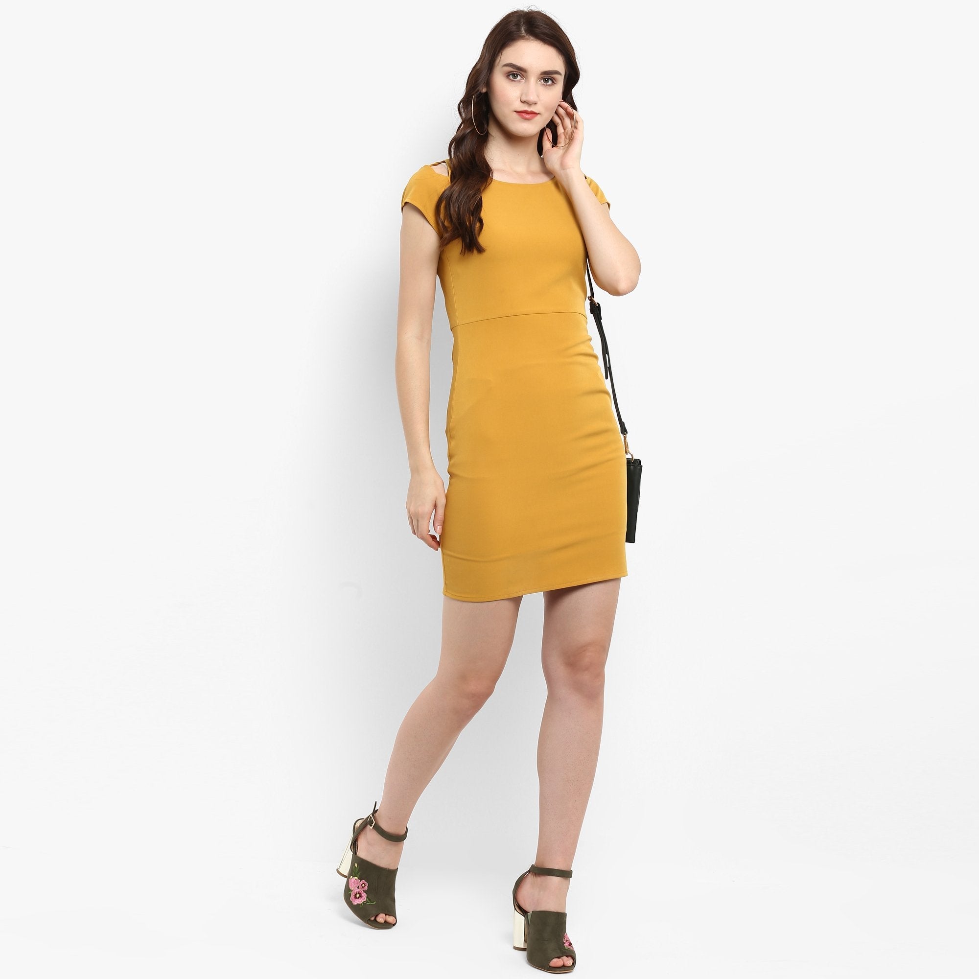 Women's Solid Fitted Dress With Cut At Shoulder - Pannkh
