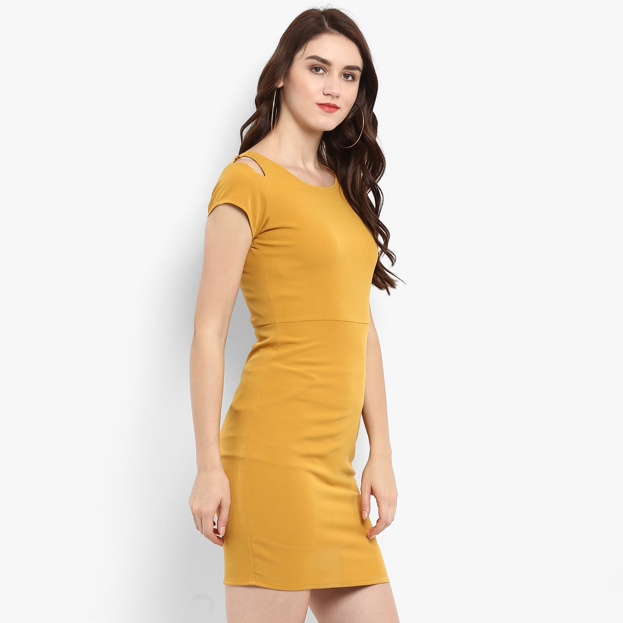 Women's Solid Fitted Dress With Cut At Shoulder - Pannkh