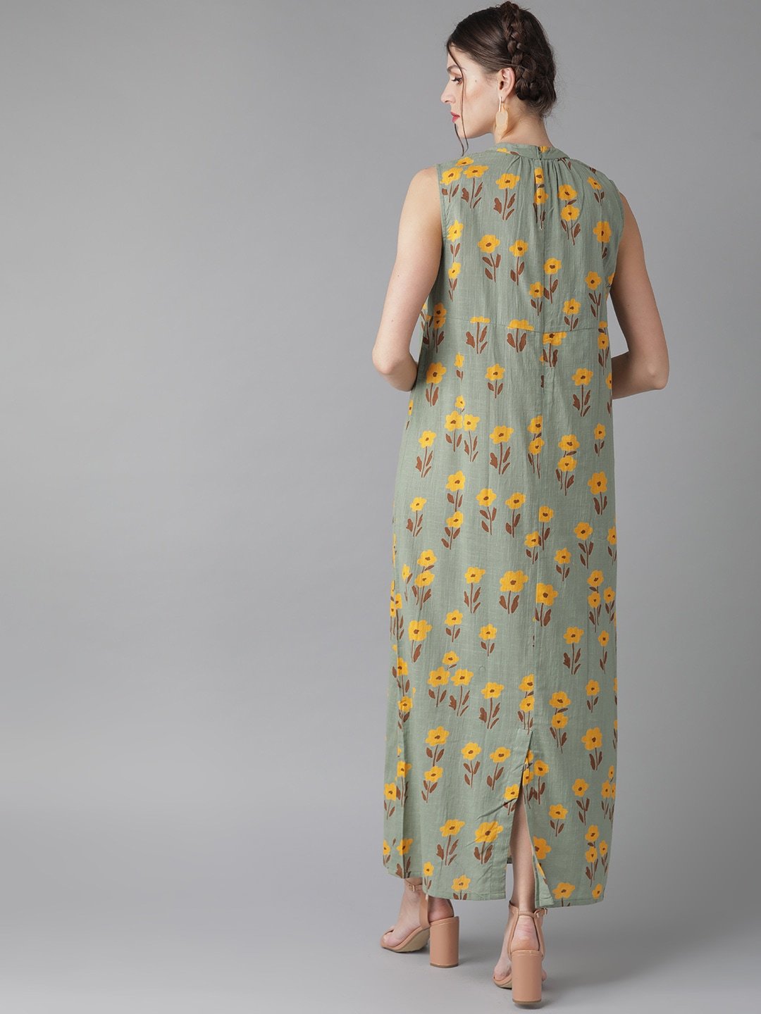 Women's  Green & Mustard Yellow Printed Maxi Dress - AKS