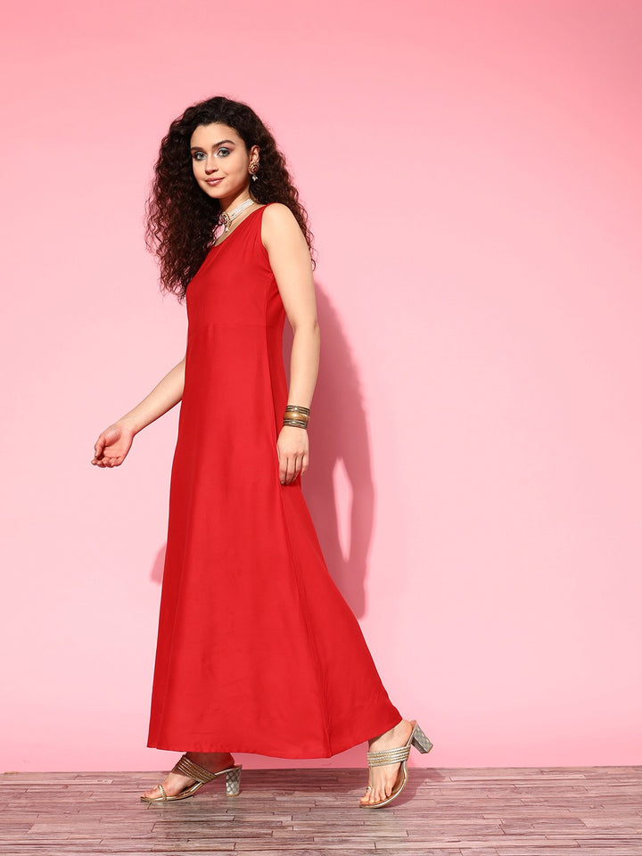 Women's Red Kota-Doria Fit And Flare Dress