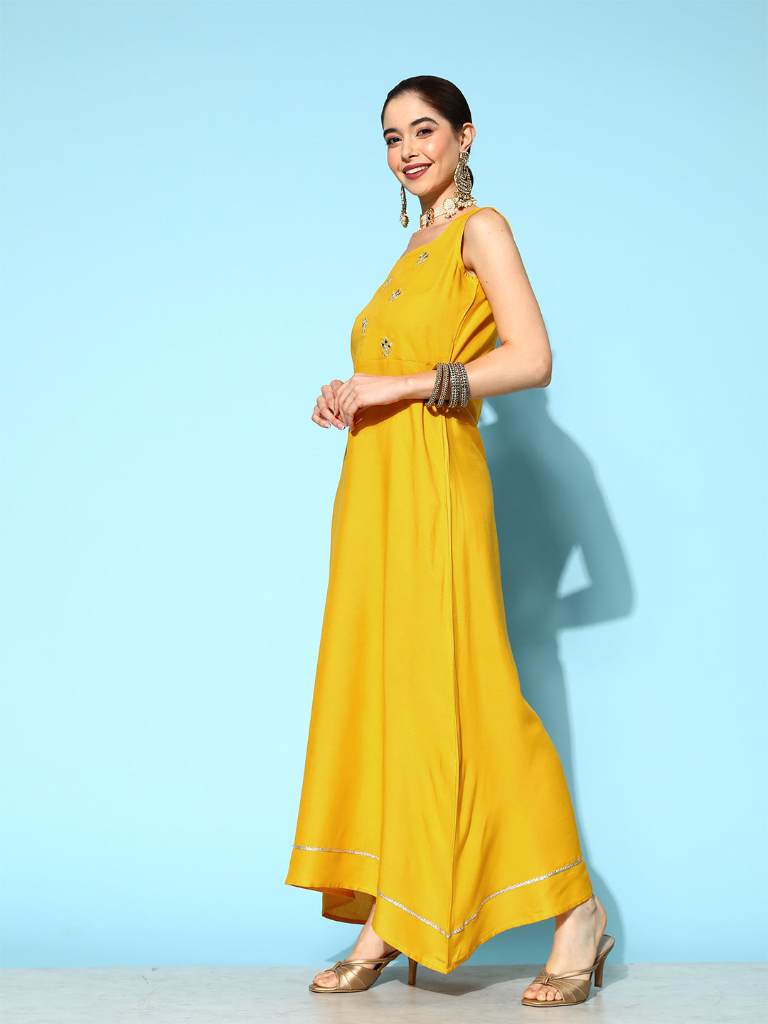 Women's Yellow Floral Fit And Flare Dress - Yufta