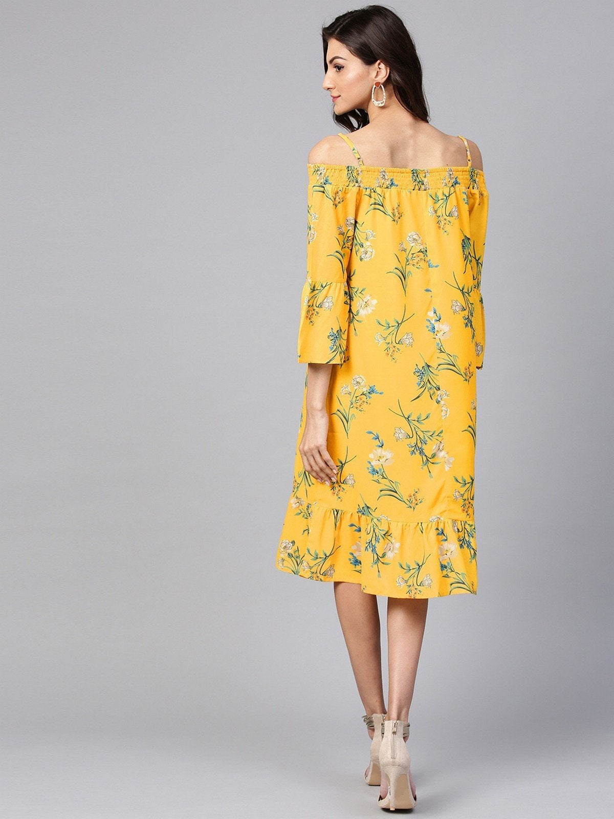 Women's Yellow Floral Off-Shoulder Bardot Dress - Pannkh