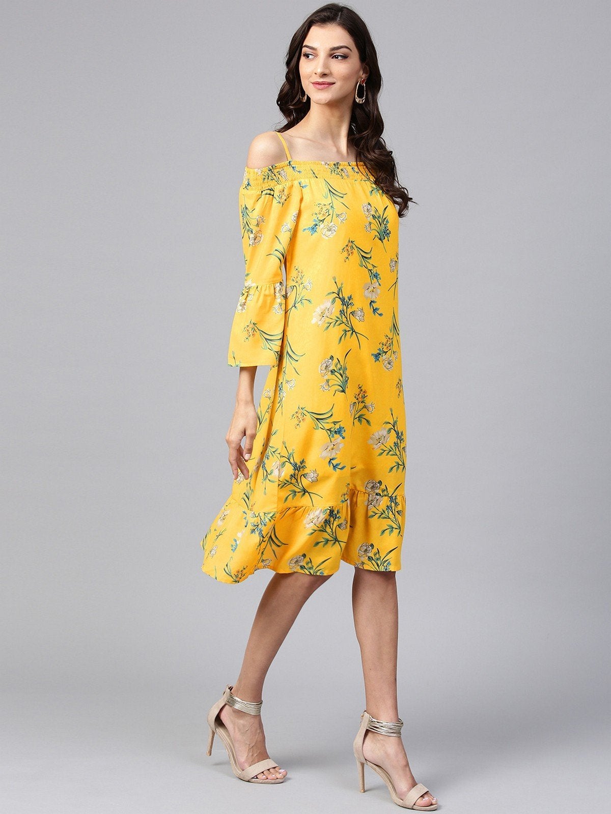 Women's Yellow Floral Off-Shoulder Bardot Dress - Pannkh