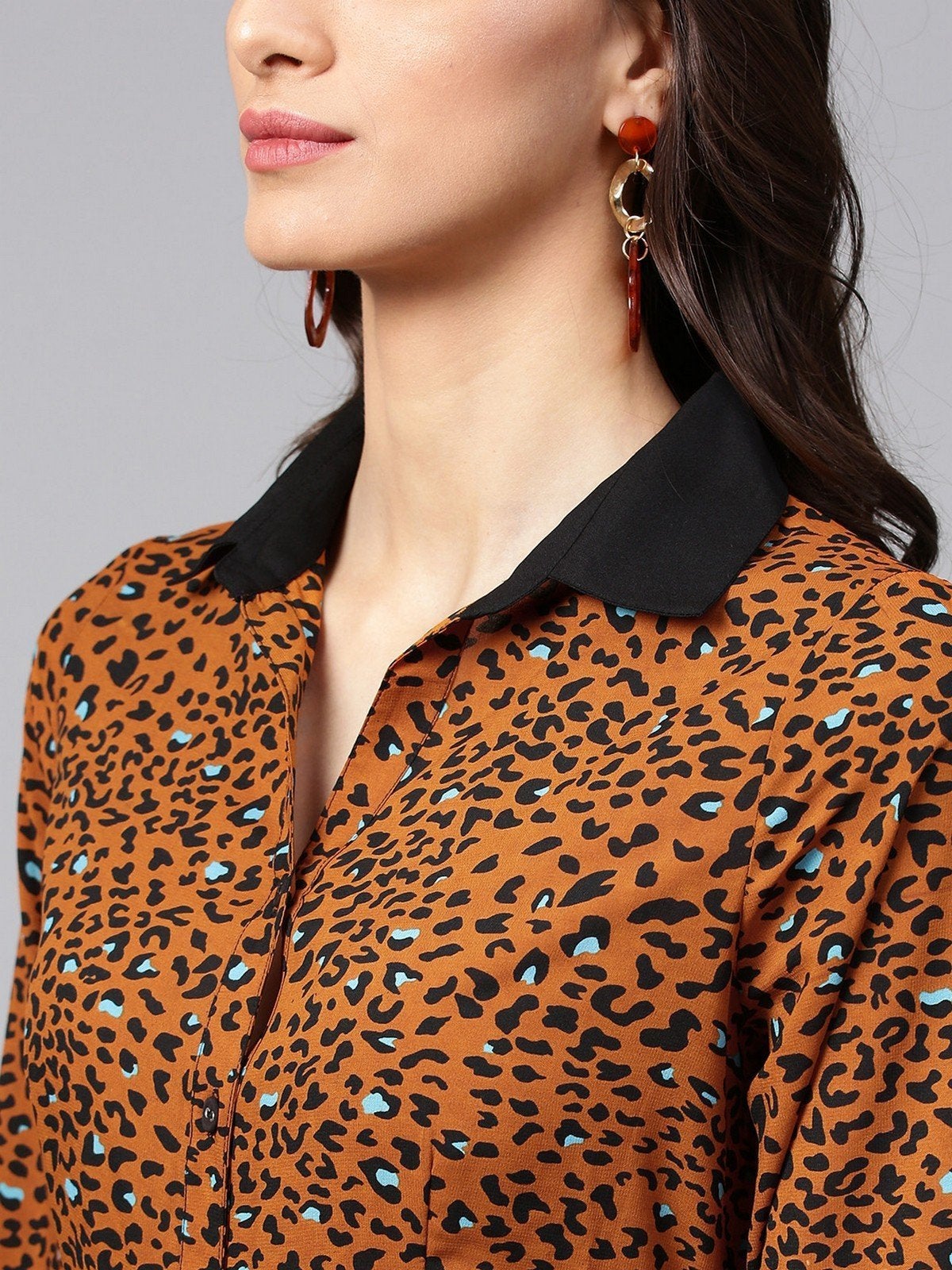 Women's Animal Print Shirt Maxi Dress With Belt - Pannkh
