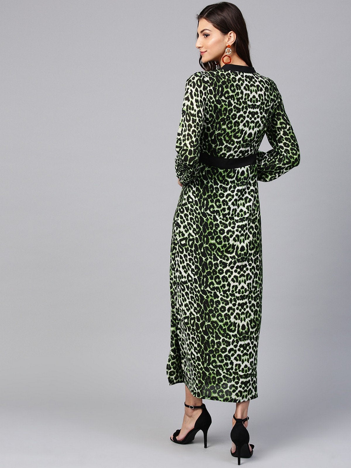 Women's Animal Print Maxi Dress With Embellished Belt - Pannkh