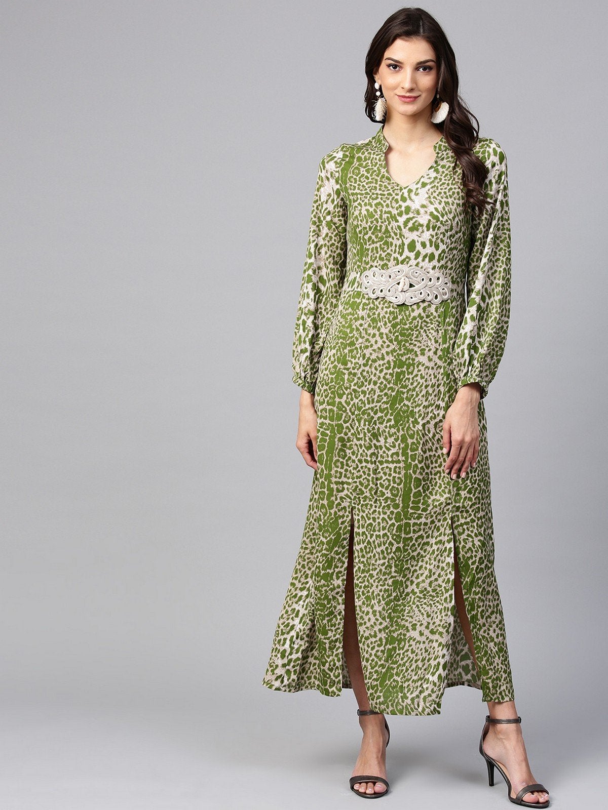 Women's Light Green Animal Print Maxi Dress With Embellished Brotch - Pannkh