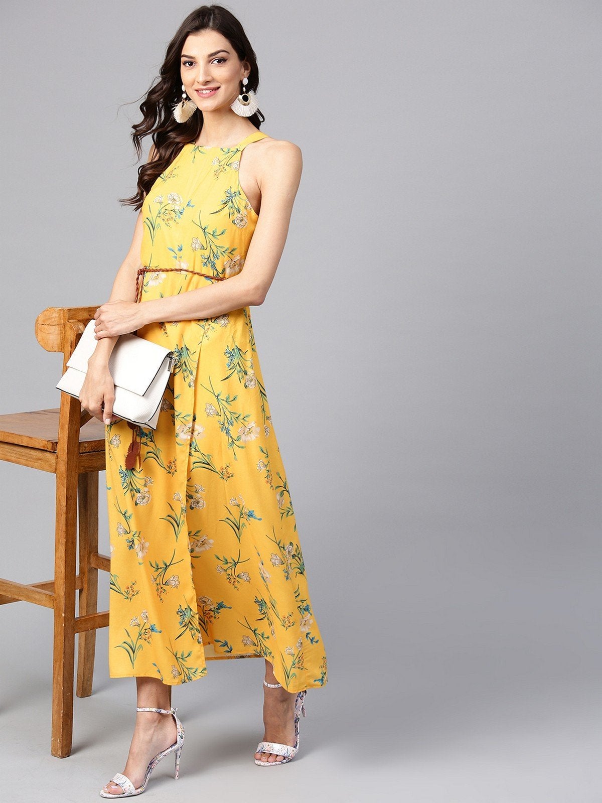 Women's Floral Strappy In-cut Maxi Dress With Belt - Pannkh