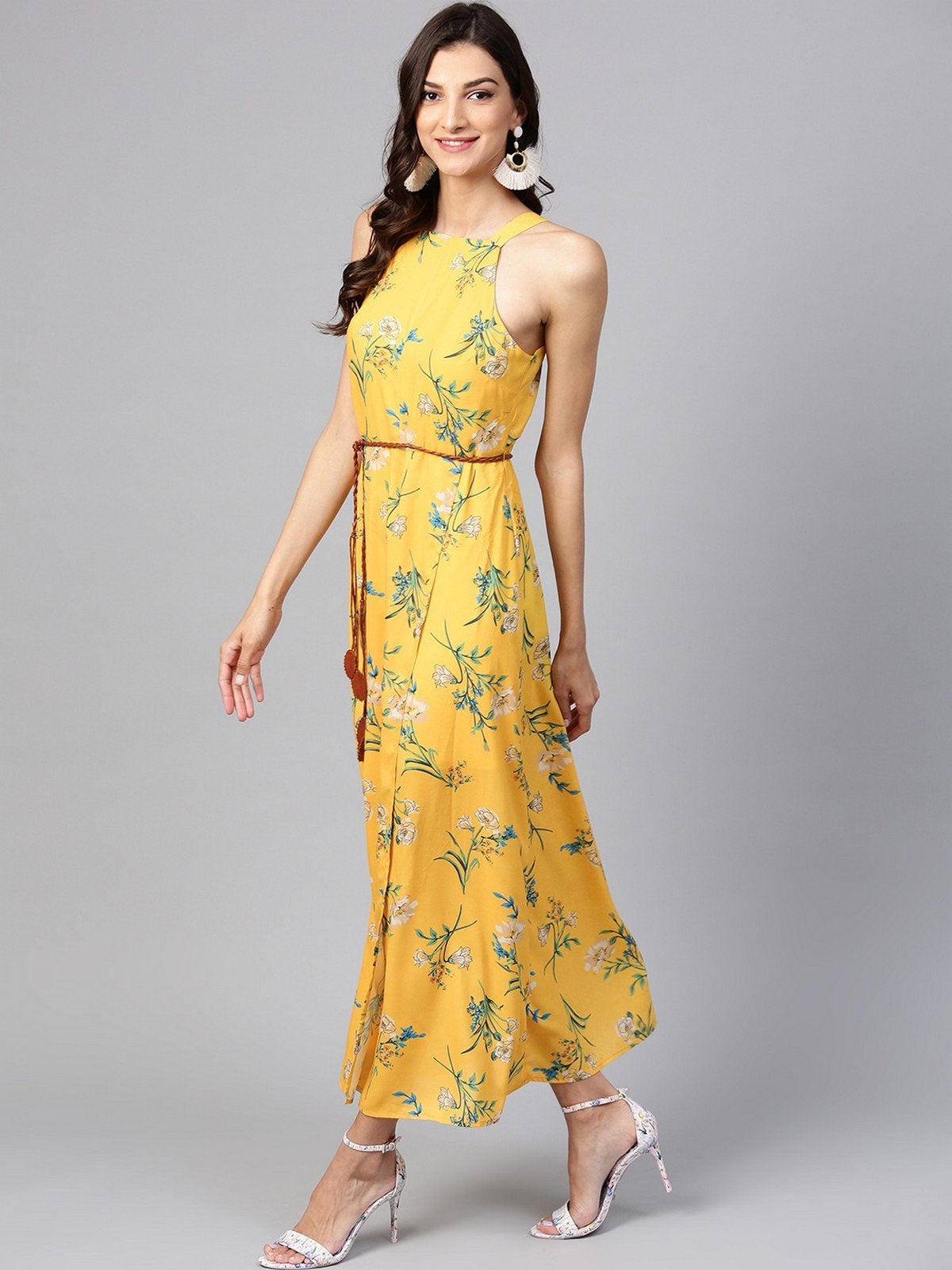 Women's Floral Strappy In-cut Maxi Dress With Belt - Pannkh