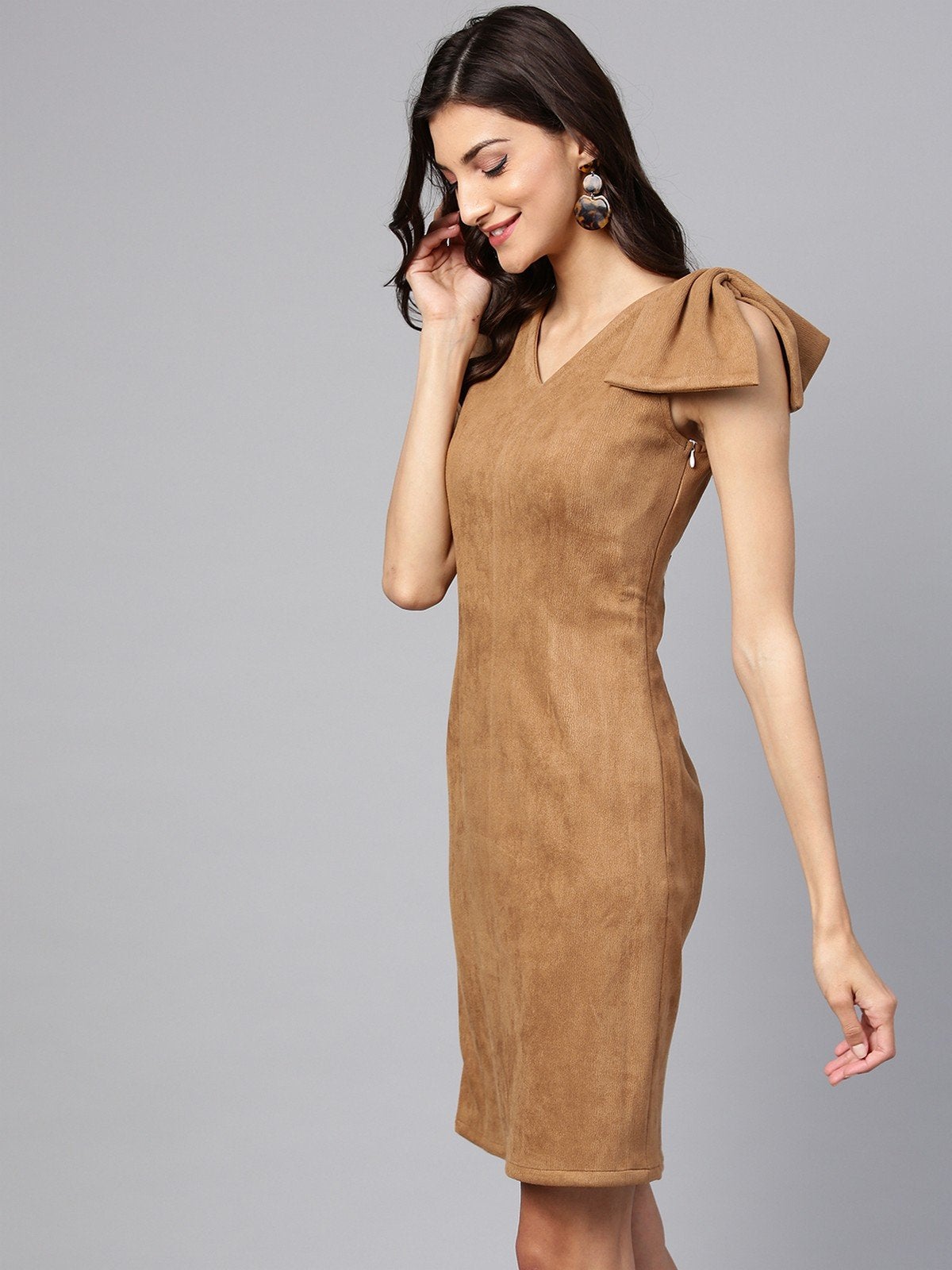 Women's Fitted Side Bow Suede Dress - Pannkh