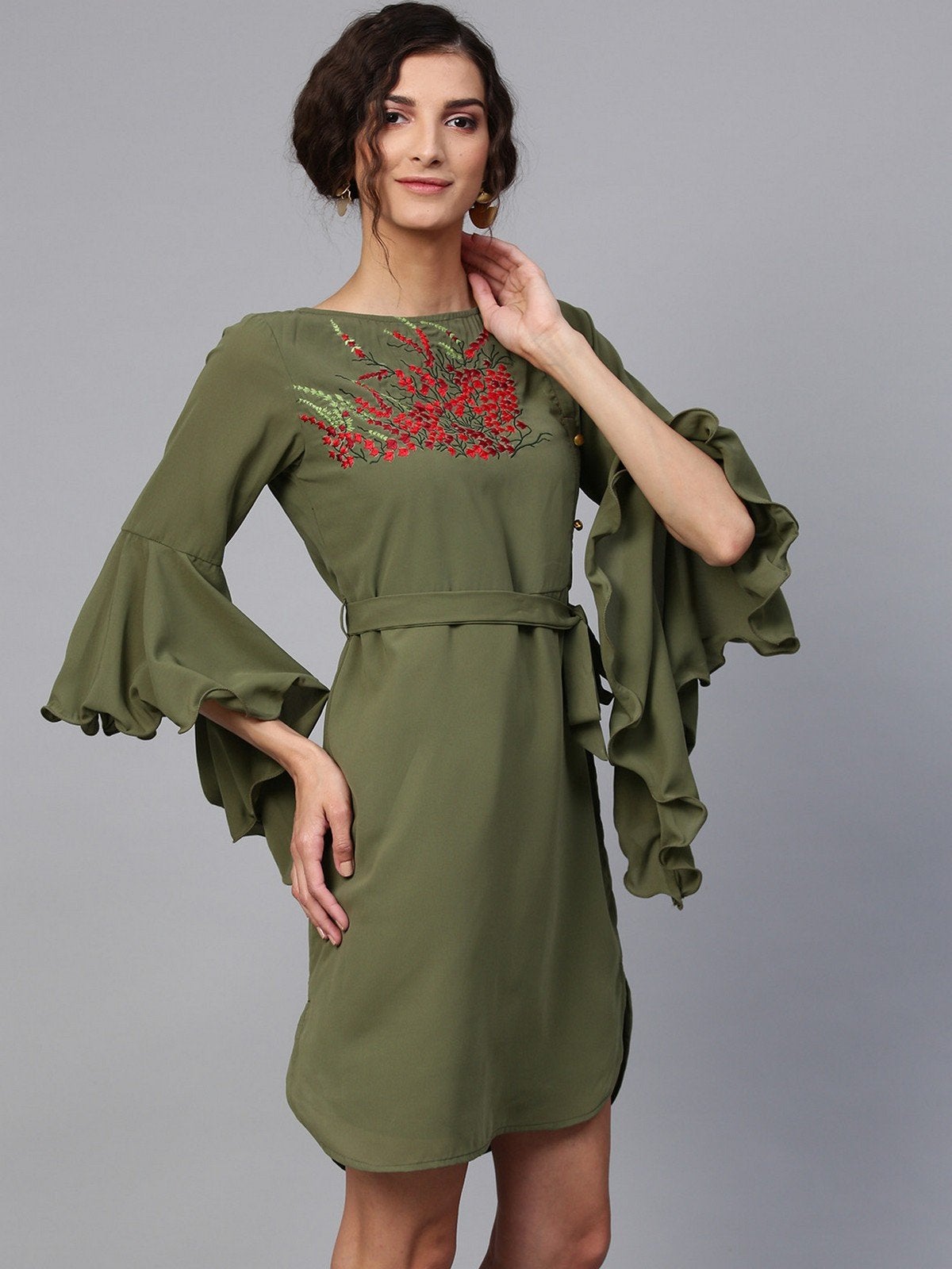 Women's Embroidered Dress With Flare Sleeves - Pannkh