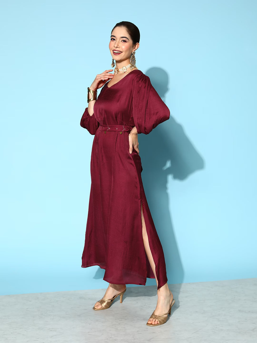 Women's Maroon Solid A-Line Dress - Yufta