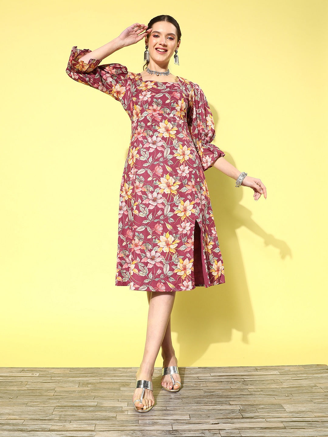 Women's Burgundy Floral A-Line Dress Burgundy / S | Trendia Global Women's Burgundy Floral A-Line Dress Burgundy / S | Trendia Global