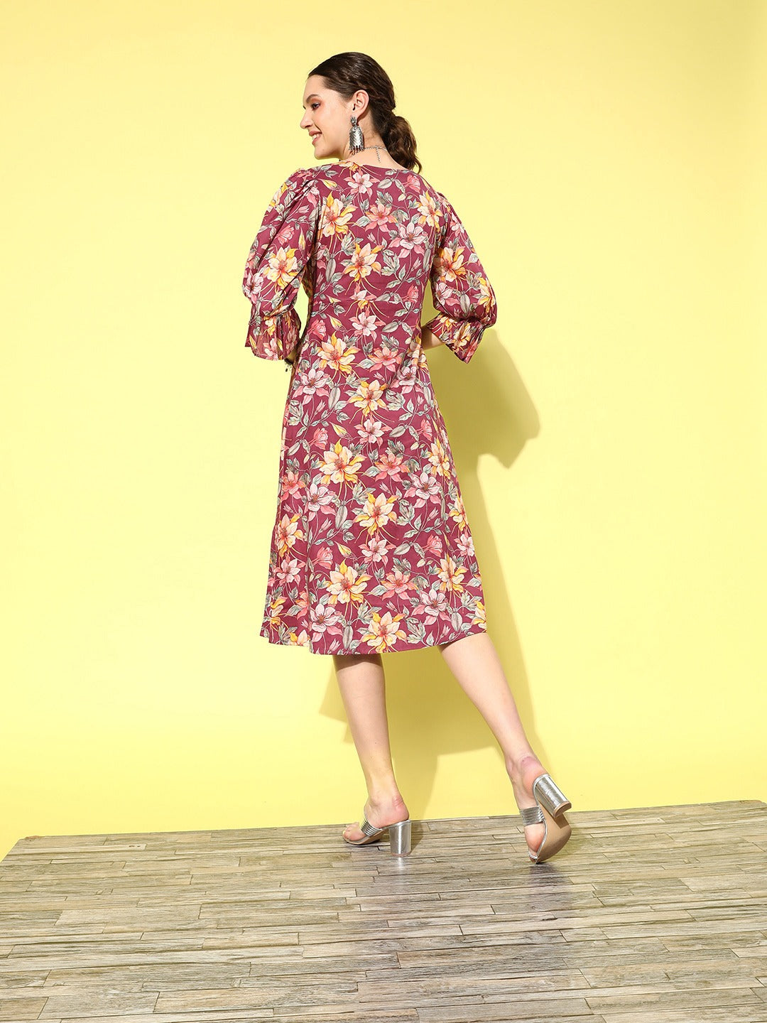 Women's Burgundy Floral A-Line Dress Burgundy / S | Trendia Global Women's Burgundy Floral A-Line Dress Burgundy / S | Trendia Global