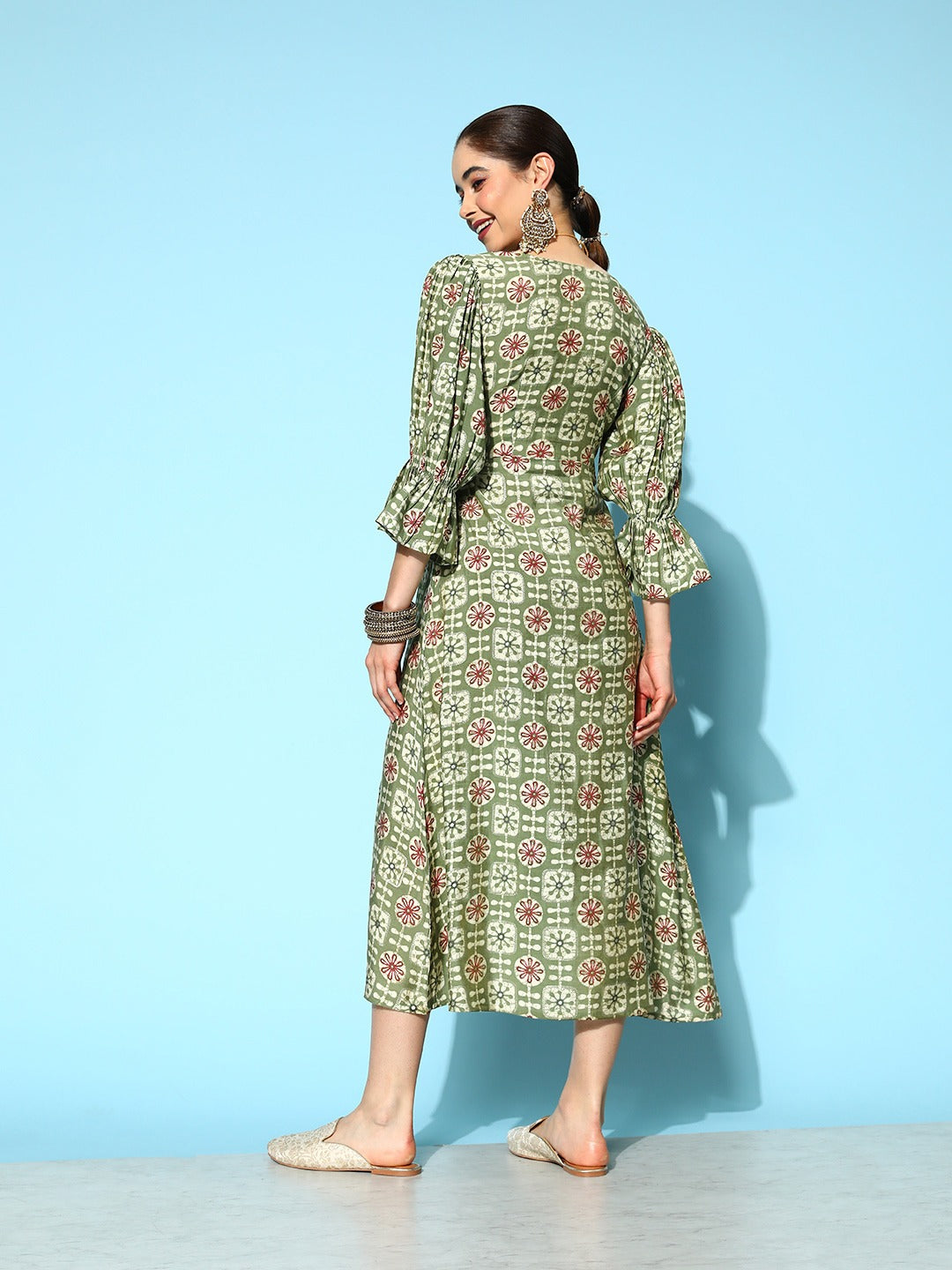 Women's Green Ethnic Motifs A-Line Dress - Yufta