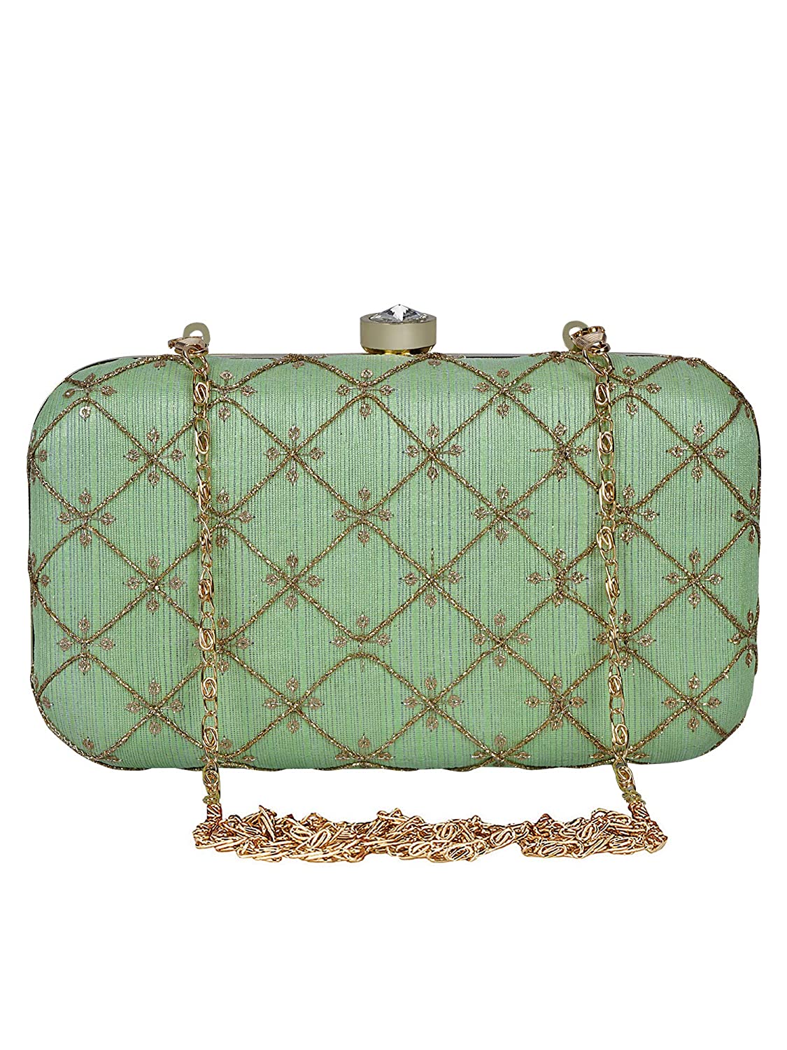Women's Green Color tulle Embroidered Faux Silk Clutch - VASTANS