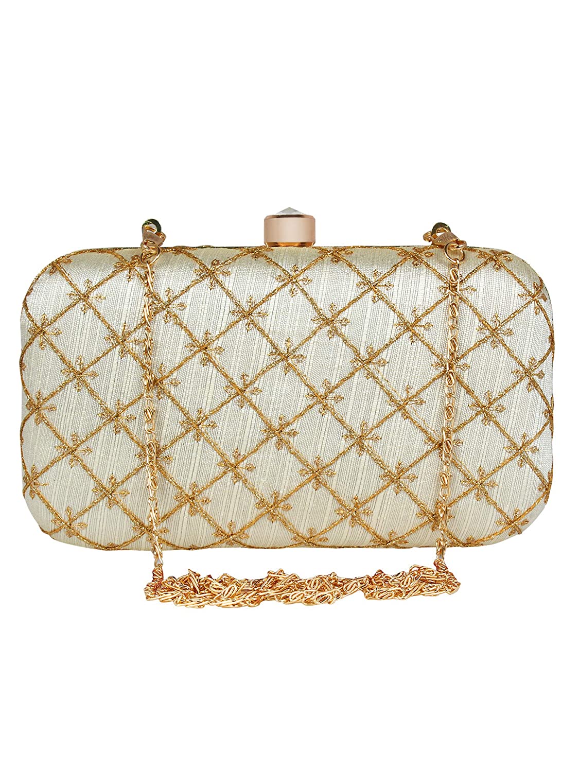 Women's White Color tulle Embroidered Faux Silk Clutch - VASTANS