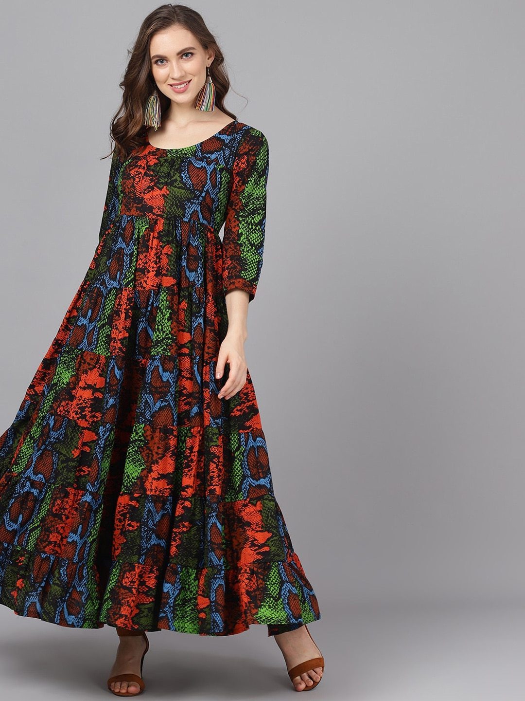 Women's  Multicoloured Animal Printed Maxi Dress - AKS