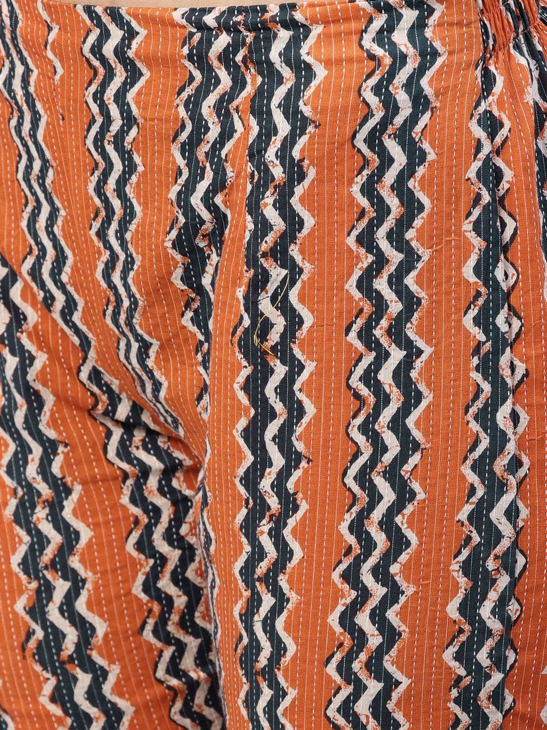 Women's  Navy Blue & Orange Printed Kurta with Trousers - AKS