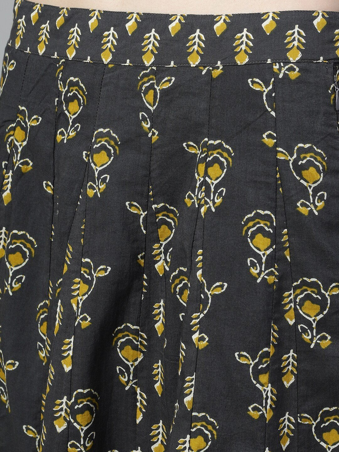 Women's Mustard & Grey Printed Lehenga Choli Set -AKS