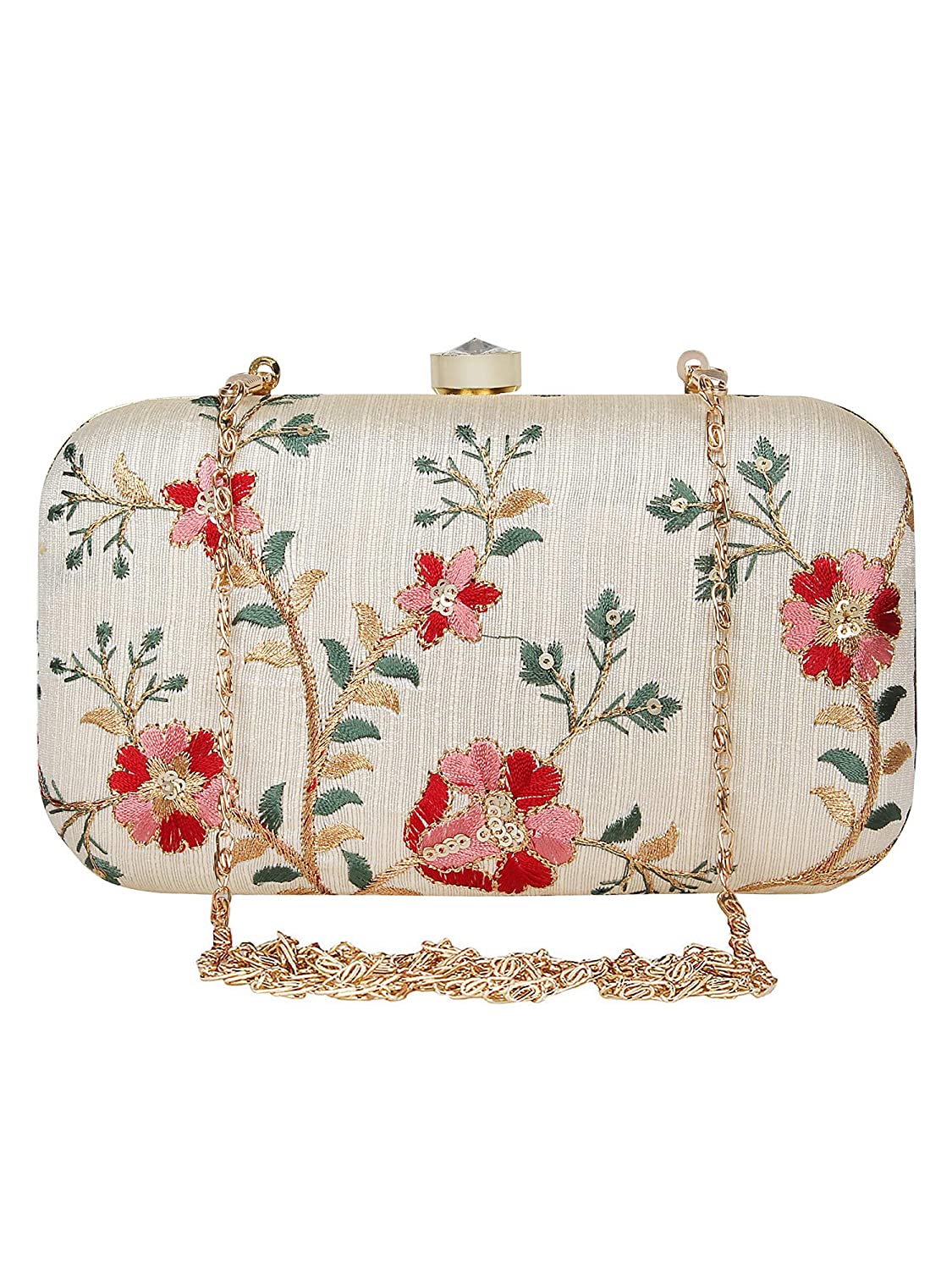 Women's White Color tulle Embroidered Faux Silk Clutch - VASTANS
