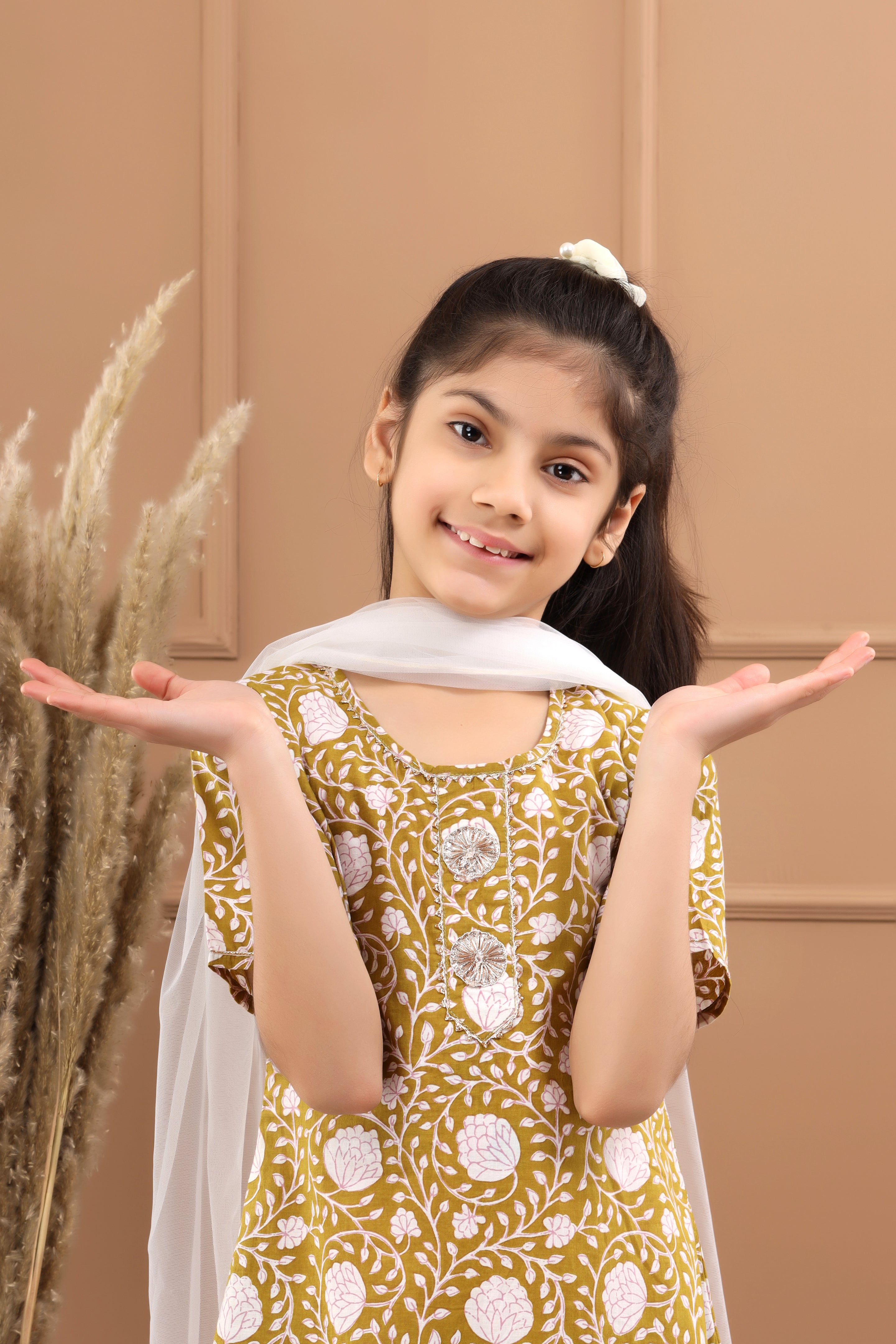 Girl's Pure Cotton Leafy Green Sustainable Sharara Set - Hatheli Kids