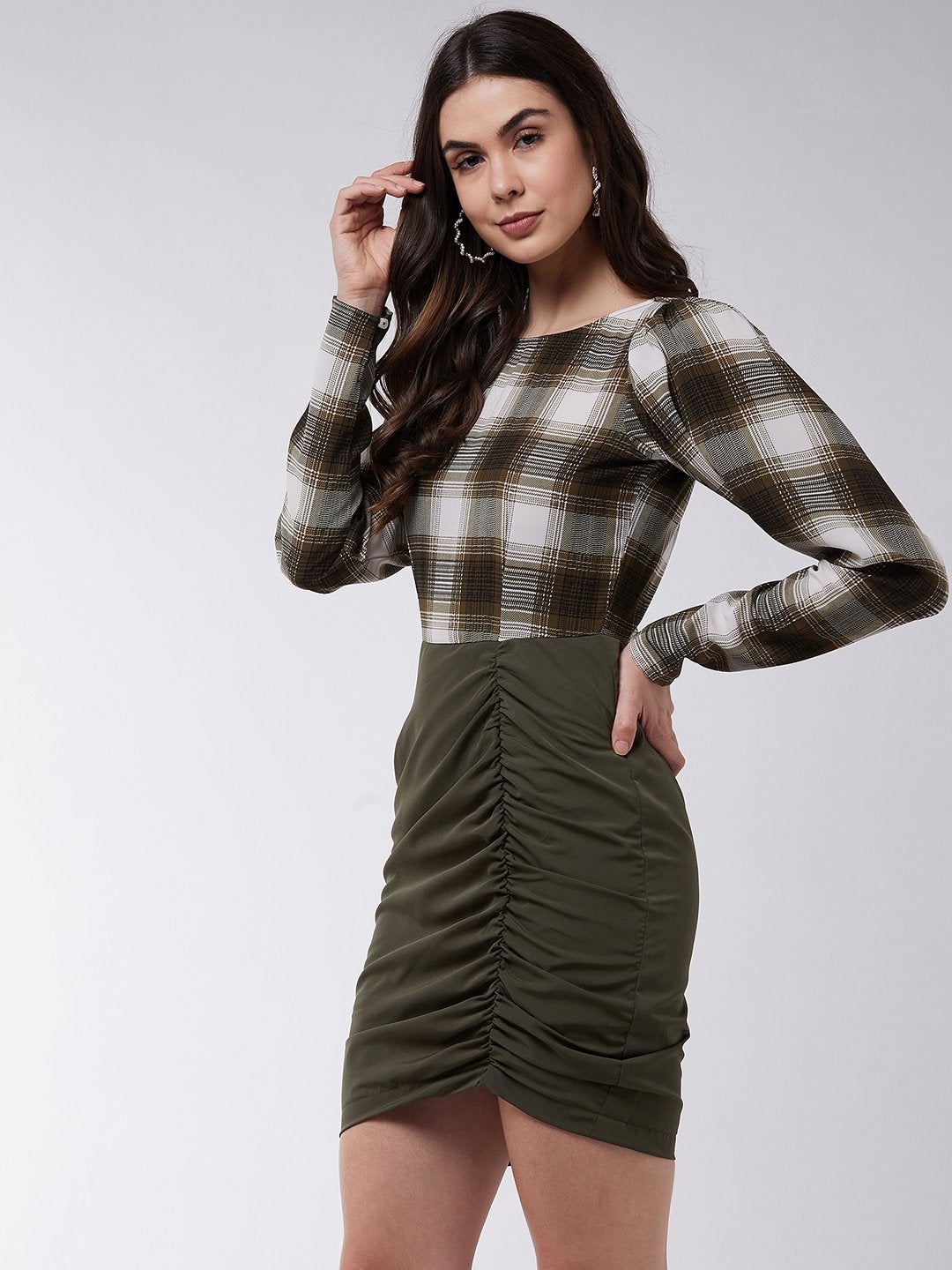Women's Check Printed Ruched Dress - Pannkh