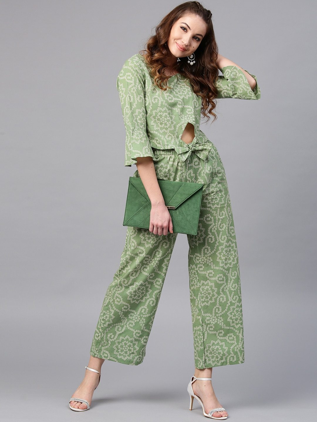 Women's  Green & White Printed Top with Palazzos - AKS