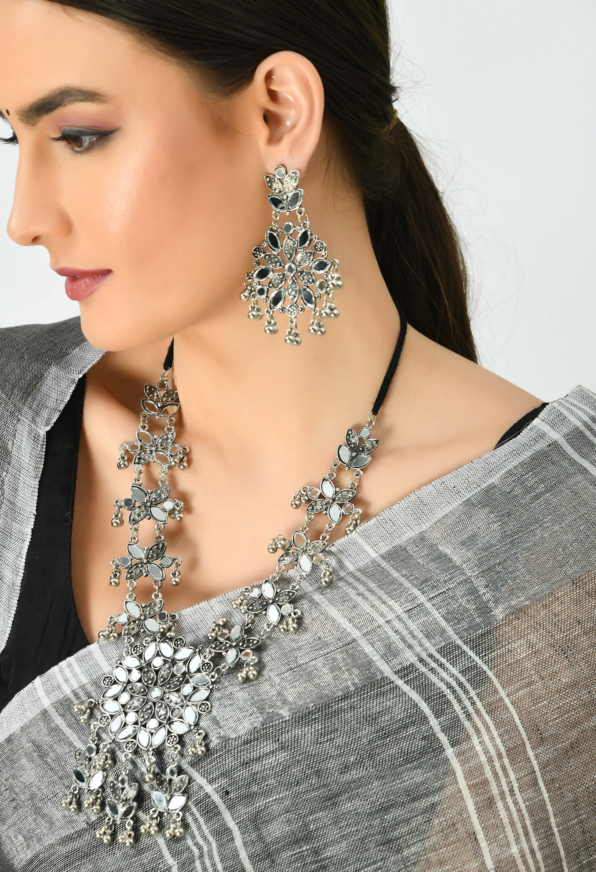 Kamal Johar Oxidised Silver-Plated Mirror Necklace with Earrings Jkms_015
