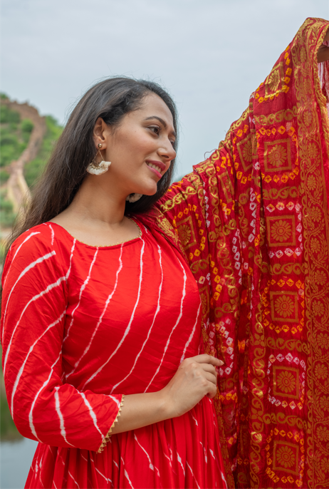 Women's Red Anarkali Gown With Dupatta Set- (2Pcs Set) - Saras The Label