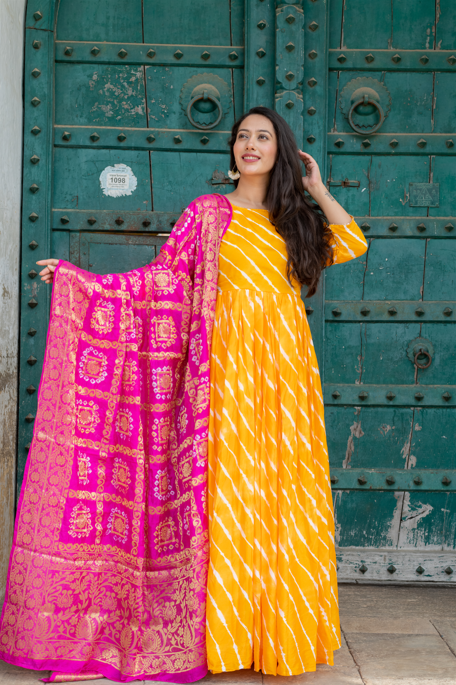 Women's Yellow & Pink Silk Anarkali Gown With Banarsi Dupatta (2Pcs Set) - Saras The Label
