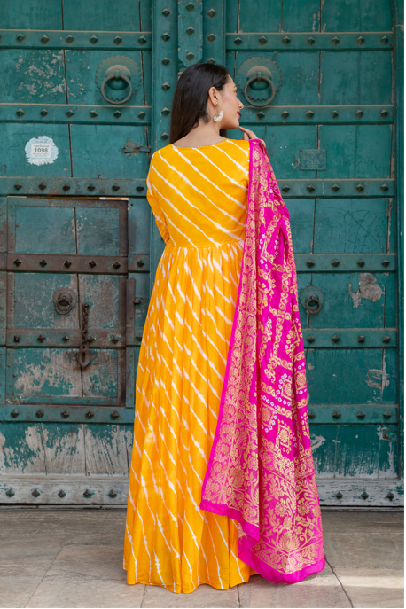 Women's Yellow & Pink Silk Anarkali Gown With Banarsi Dupatta (2Pcs Set) - Saras The Label