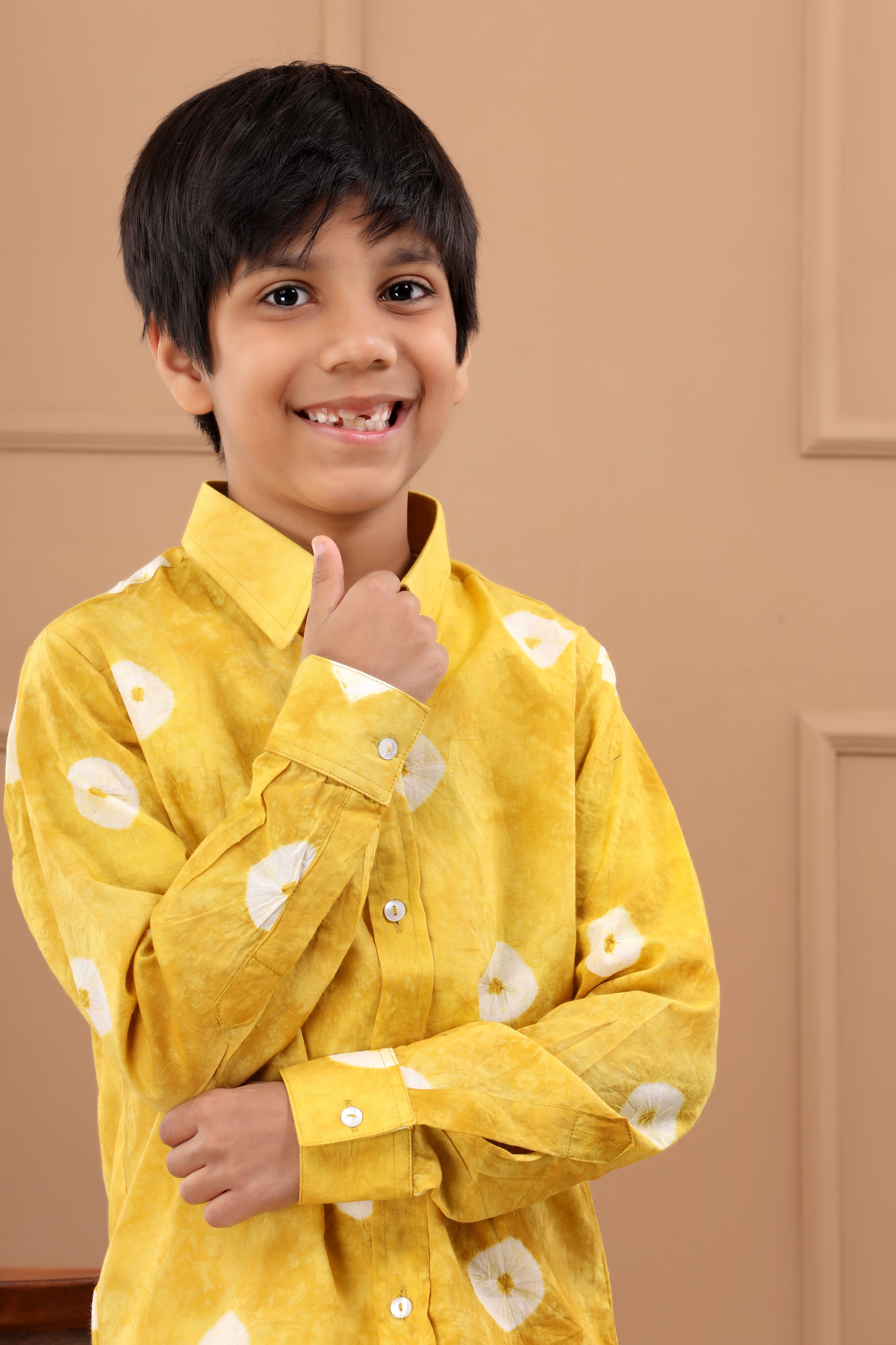 Boy's Hand Made Mustard Bandhani Sustainable Cotton Shirt - Hatheli Kids