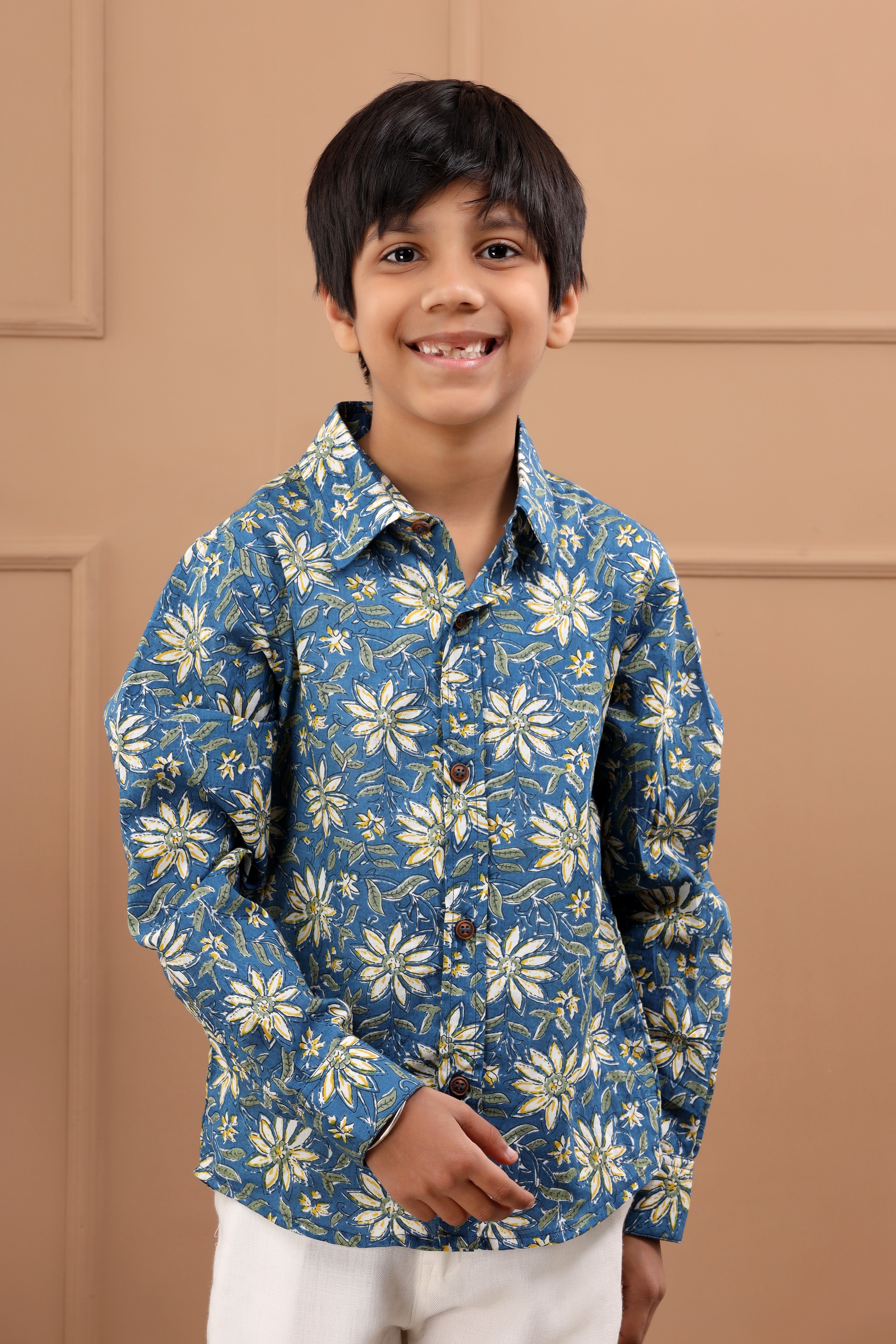 Boy's Floral Printed Blue Shirt - Hatheli Kids