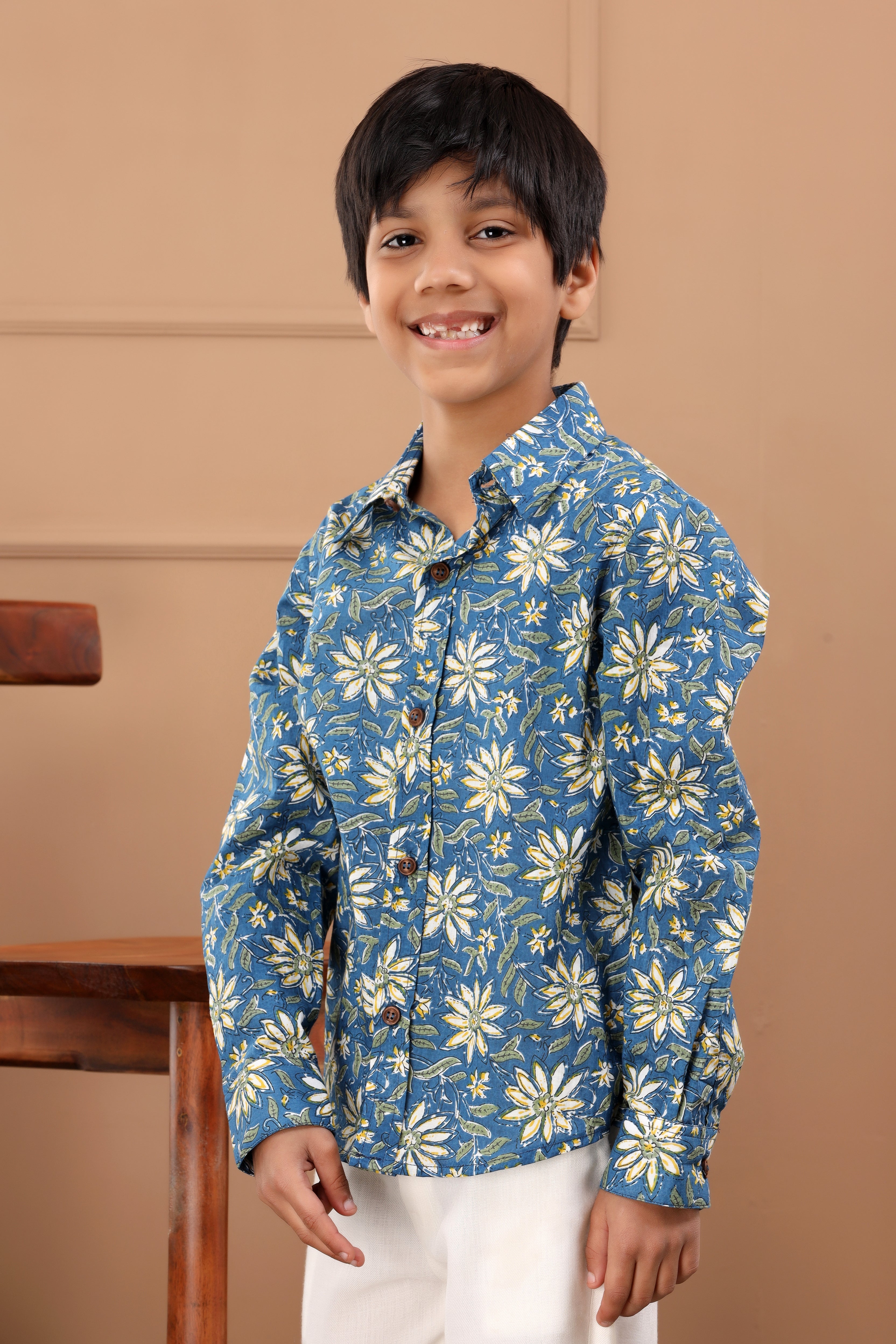 Boy's Floral Printed Blue Shirt - Hatheli Kids