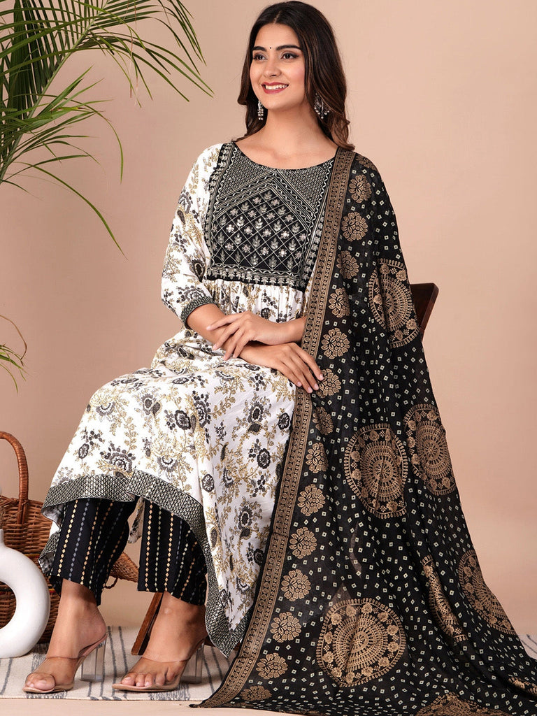 Women's Floral Printed Empire Thread Work Kurta With Palazzos & Dupatta