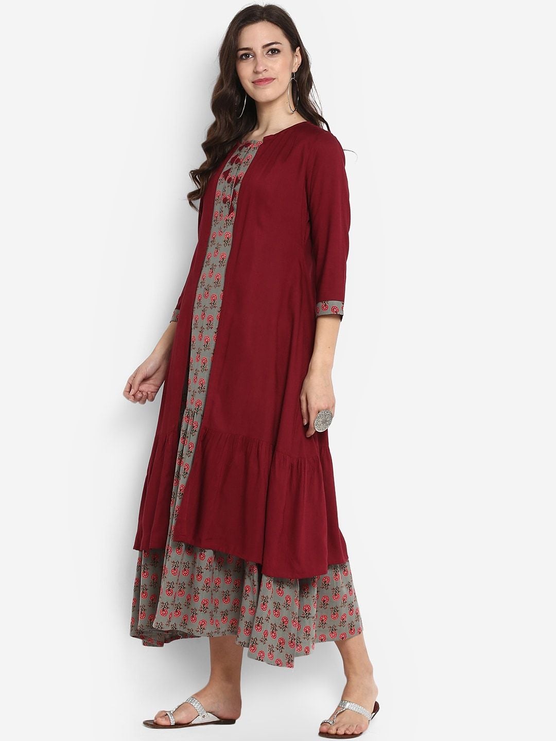 Women's Maroon Printed Drop-Waist Dress - Meeranshi