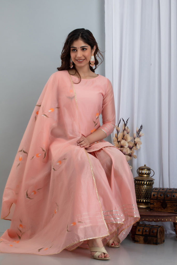Women's Zubeida Three-Piece Set Comprising Hand Painted Chanderi Kurta Sharara And Dupatta
