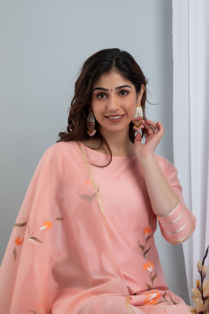 Women's Zubeida Three-Piece Set Comprising Hand Painted Chanderi Kurta Sharara And Dupatta